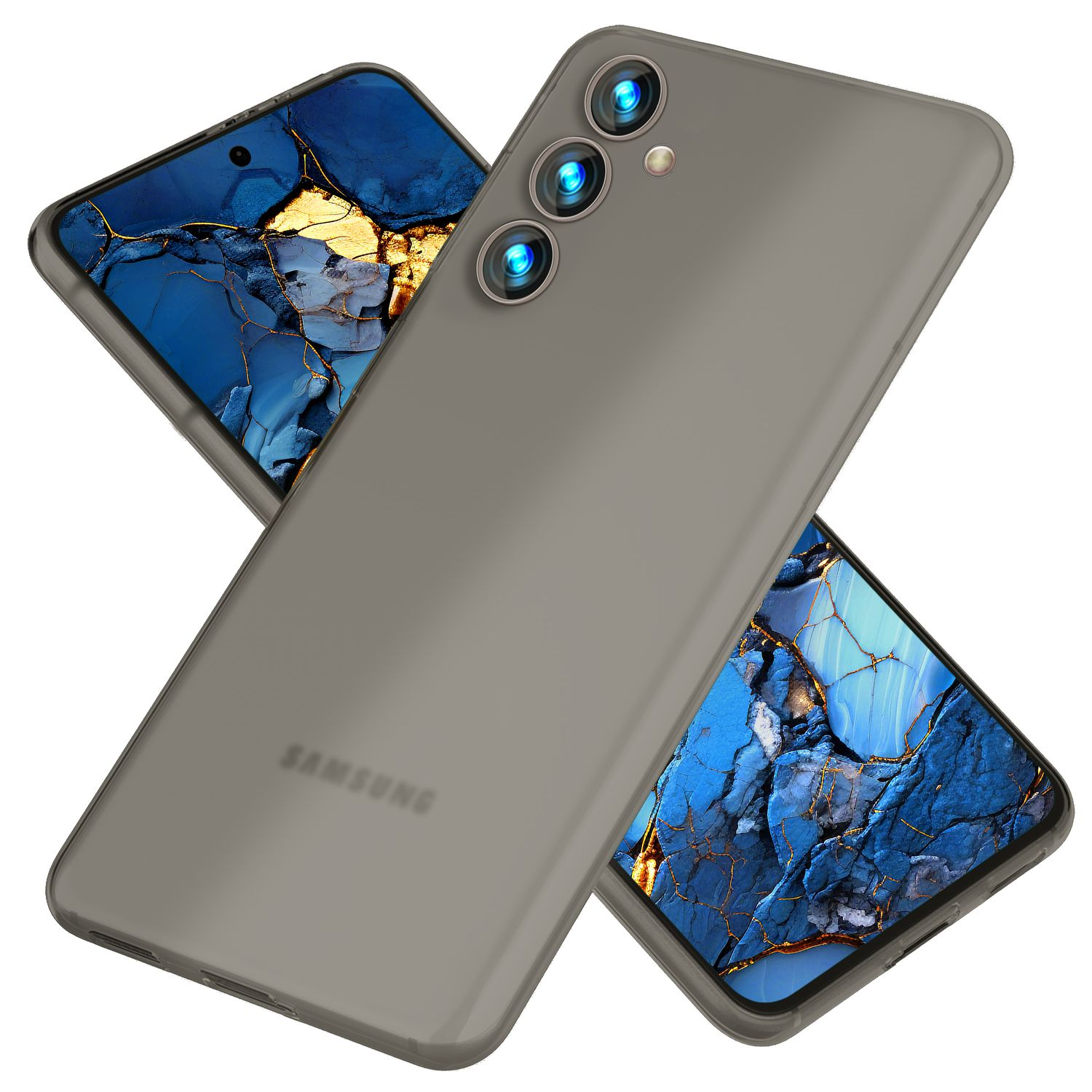 Graues Telefon mit drei Kameralinsen, zwei Telefone im Hintergrund. Das Telefon ist von Samsung.