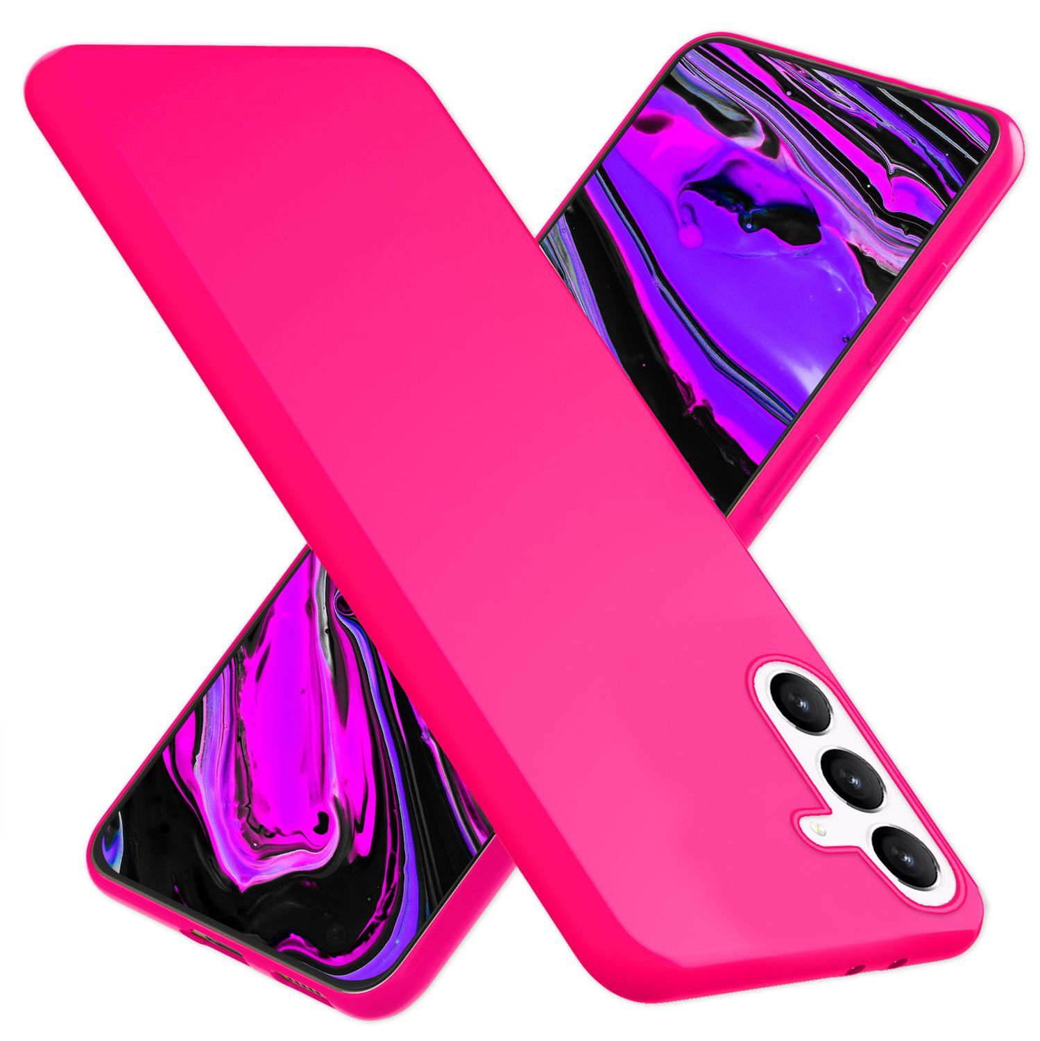 Zwei gekreuzte pinke Telefonhüllen, eine mit Telefon. Die Hüllen sind schlicht.