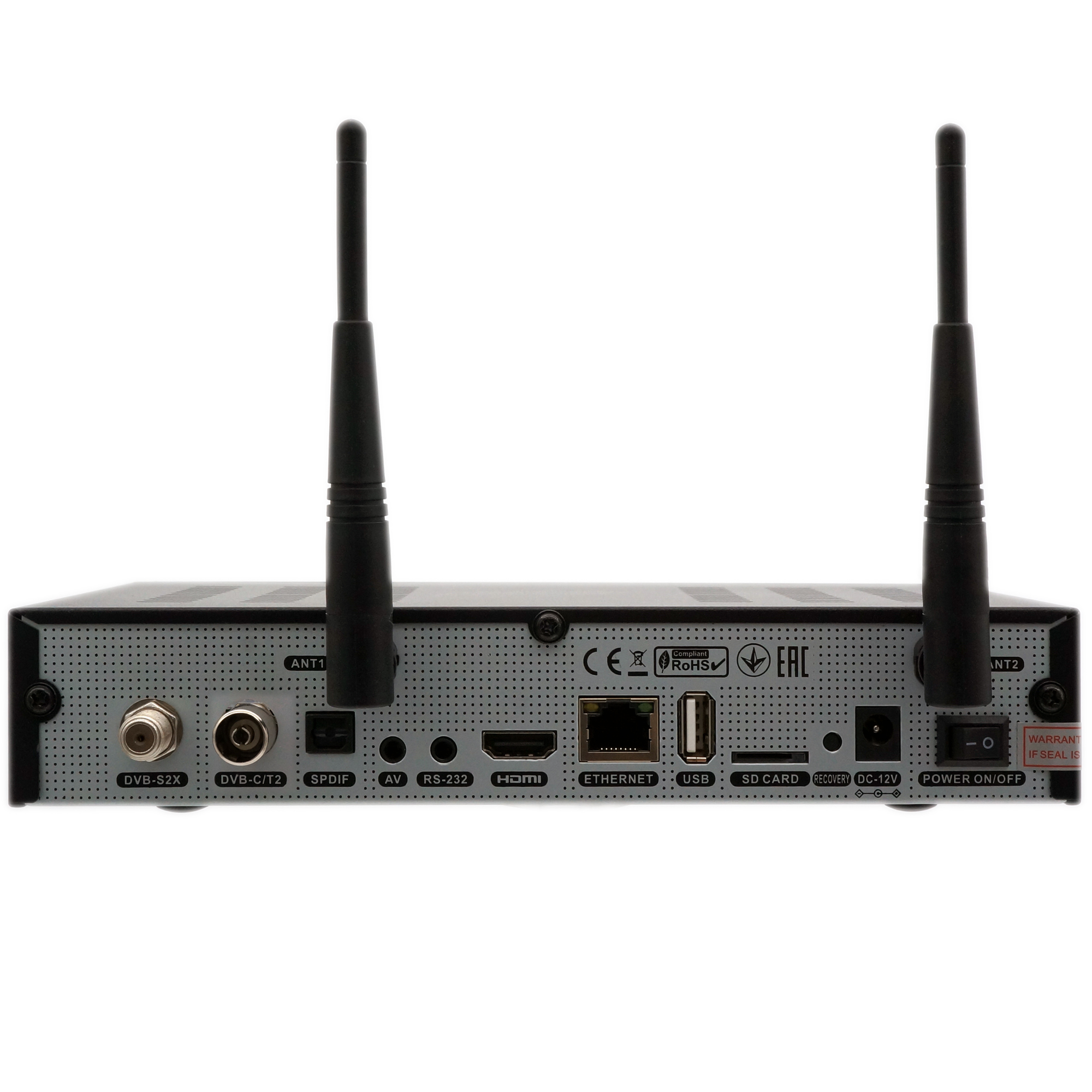 Rückseite einer schwarzen Set-Top-Box mit Antennen, Anschlüssen und Ein-Aus-Taste.