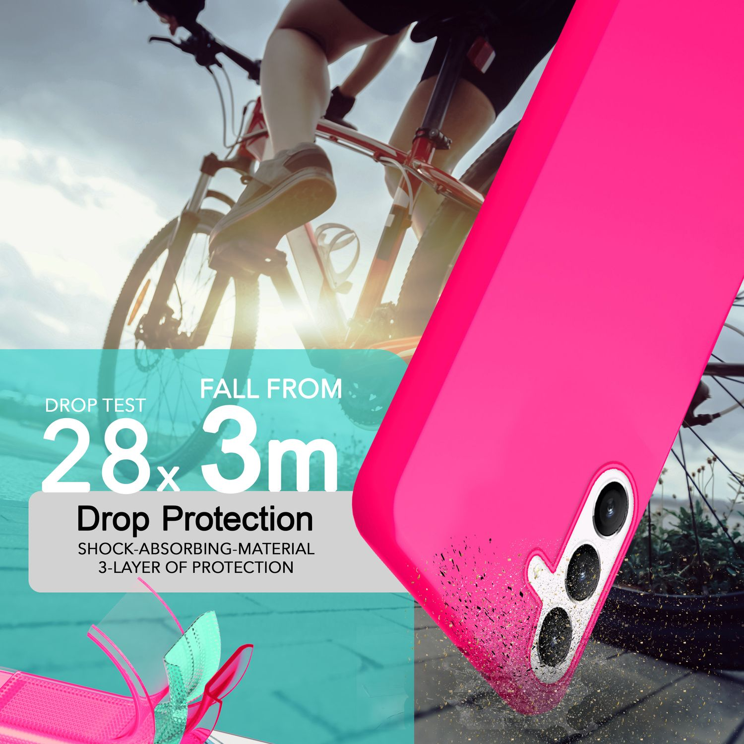 Eine pinkfarbene Handyhülle mit Telefon, Text über Sturzschutz, Fahrrad und etwas Schmutz.