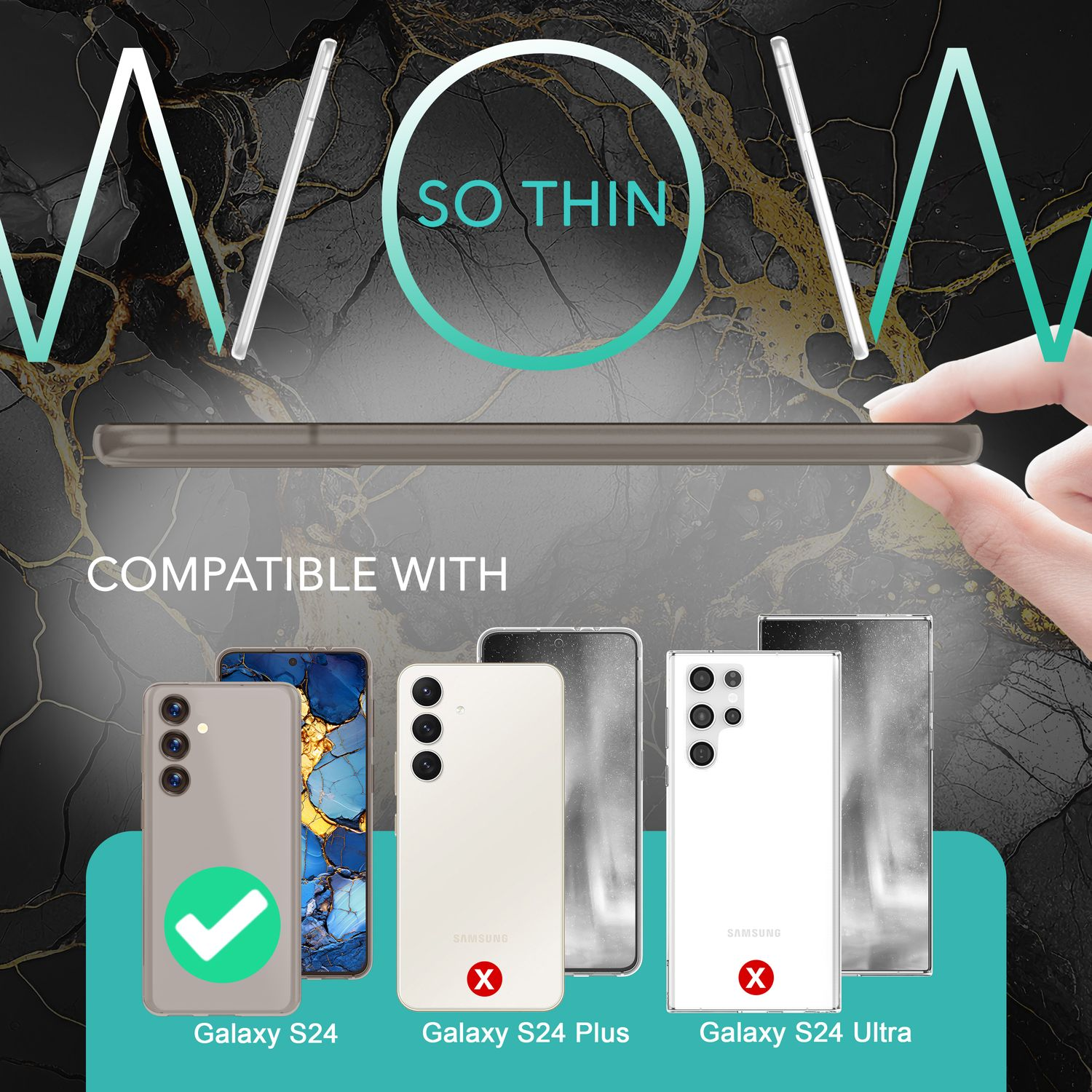Telefon mit Displayschutzfolien. Der Text lautet "SO THIN". Das Telefon ist mit Galaxy S24 kompatibel.