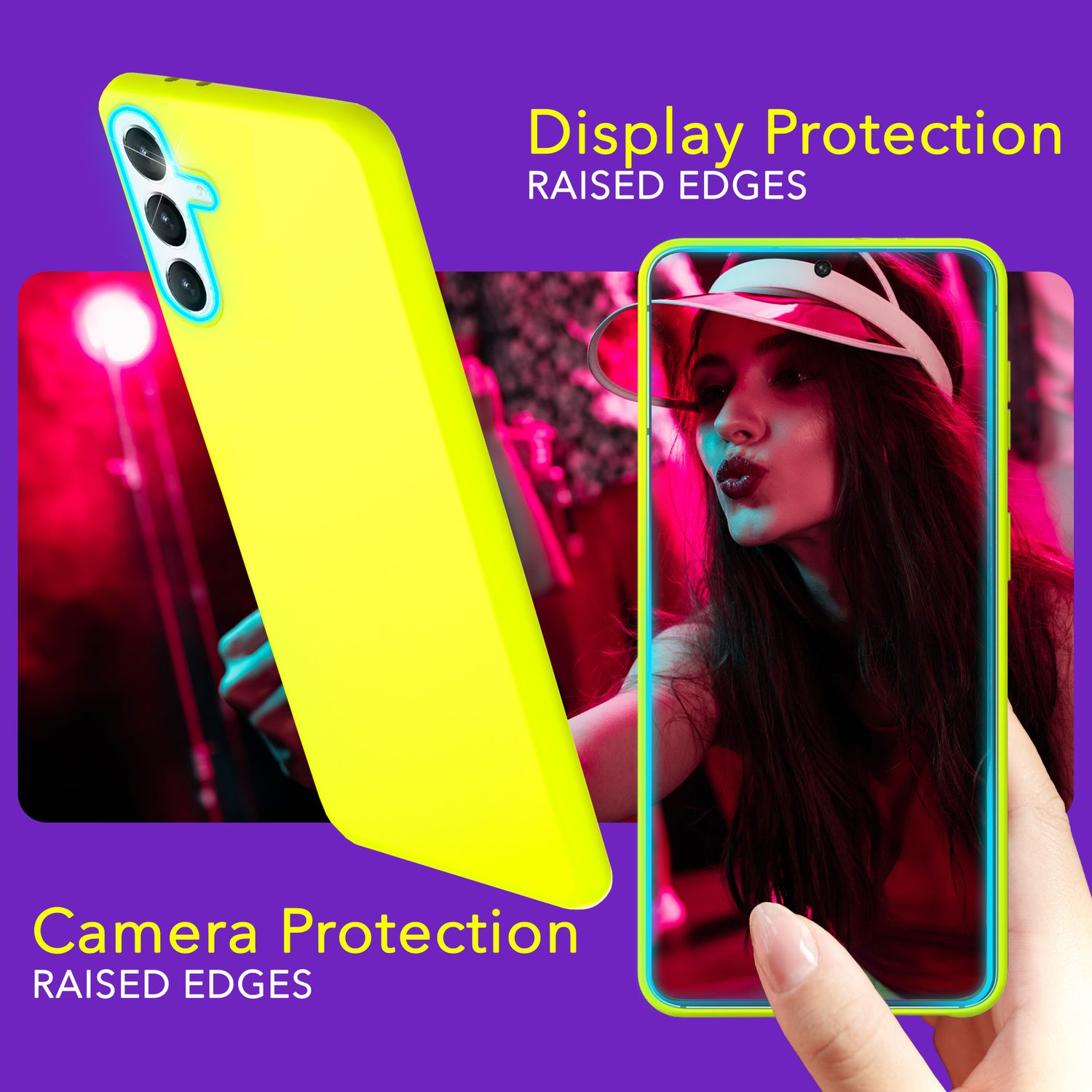 Gelbe Handyhülle mit Telefon. Zeigt 'Display Protection' und 'Camera Protection'.