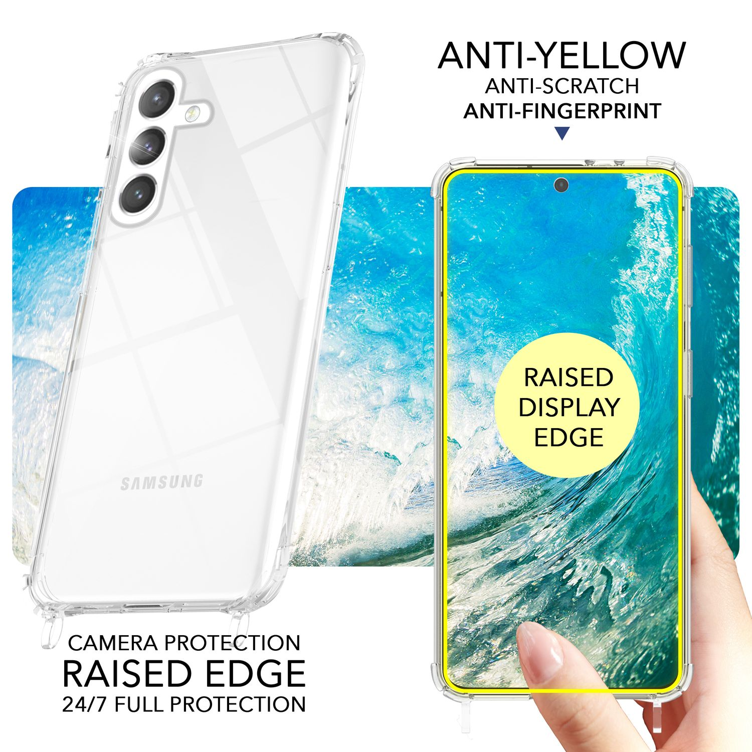 Transparente Handyhülle mit erhöhtem Rand, schützt ein Samsung-Telefon. Anti-Vergilbung, kratz- & fingerabdruckresistent.