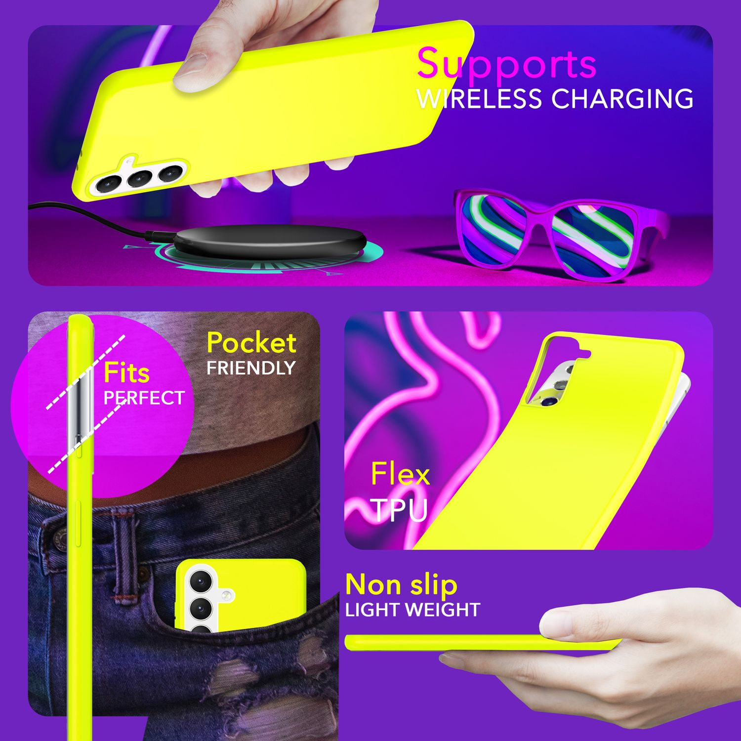 Eine gelbe Handyhülle mit zusätzlichen Bildern. Enthält: kabelloses Laden, taschenfreundlich, rutschfest und ein flexibles TPU-Design.