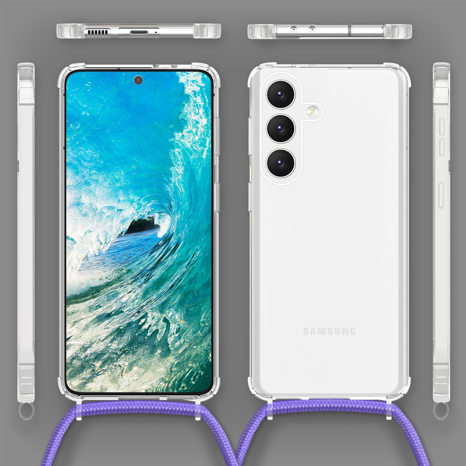 Telefon mit Hülle, Vorder-, Rück- und Seitenansicht. Transparente Hülle mit lila Lanyard.