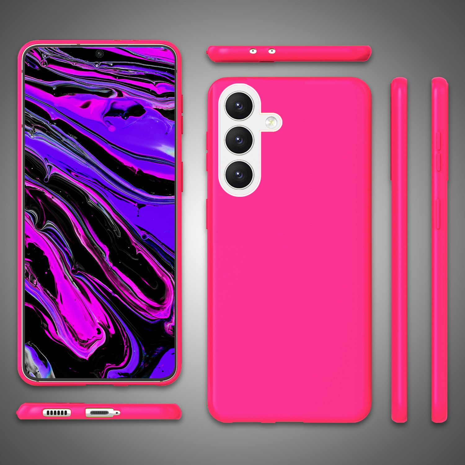 Rosa Handyhülle mit Handy. Handy und Hülle sind rosa. Verschiedene Ansichten: vorne, Seite, oben.