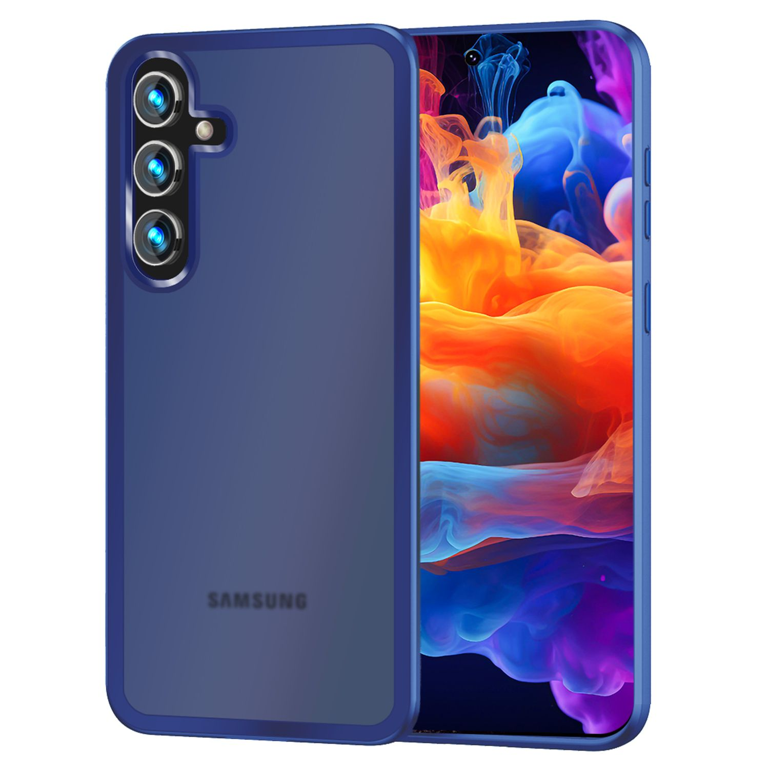 Blaue Handyhülle auf einem Smartphone. Das Telefon hat eine blaue Hülle mit drei Kameras.