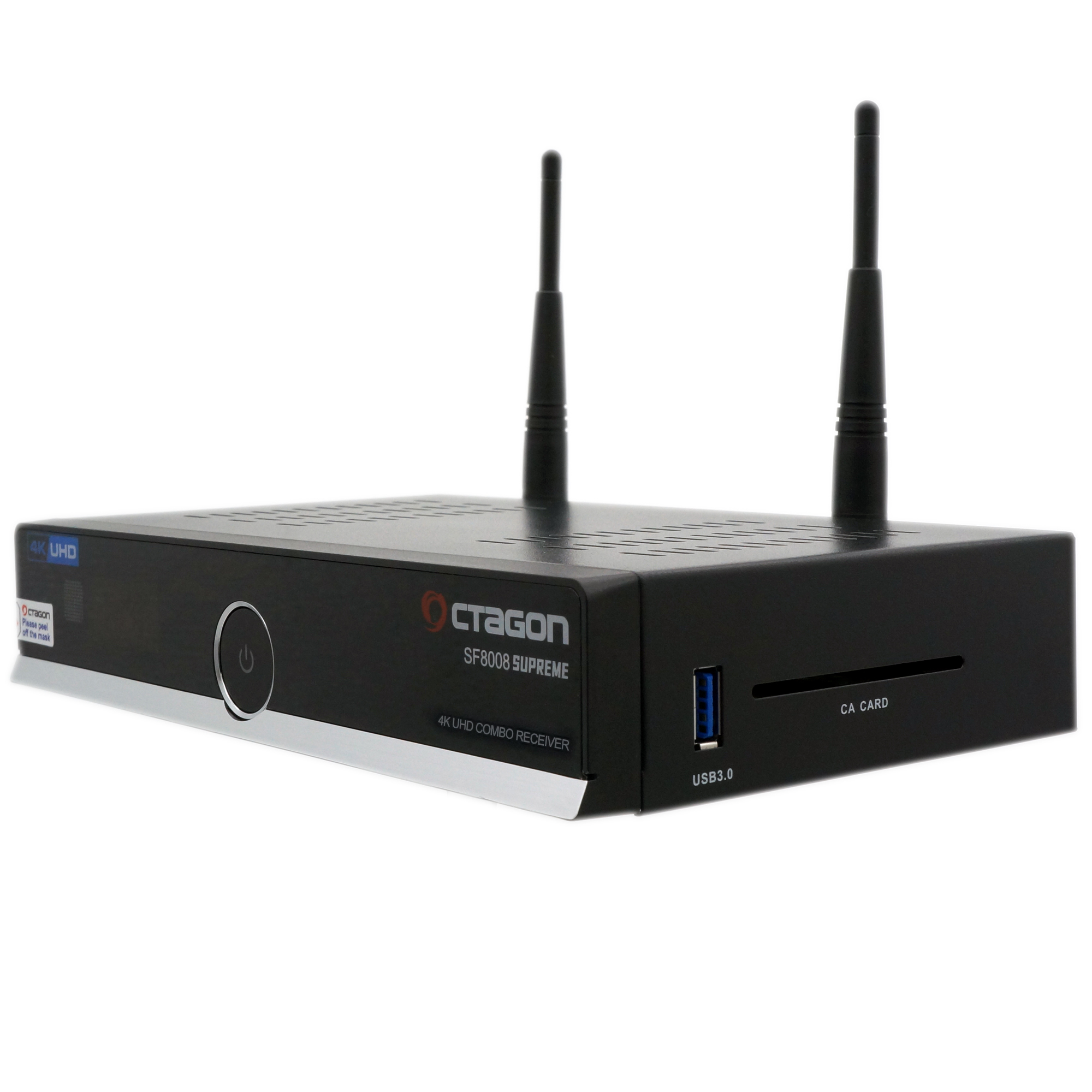 Eine schwarze Set-Top-Box mit zwei Antennen. Es hat eine Power-Taste, einen USB-Anschluss und einen CA-Kartensteckplatz.