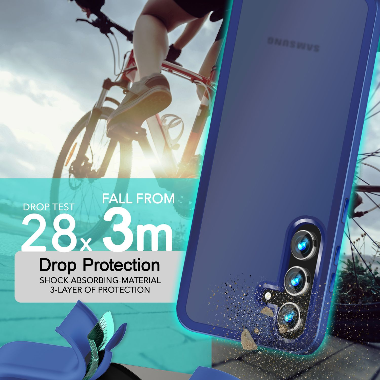 Blaue Handyhülle mit Text und Fahrrad im Hintergrund, mit Schadensanzeige.