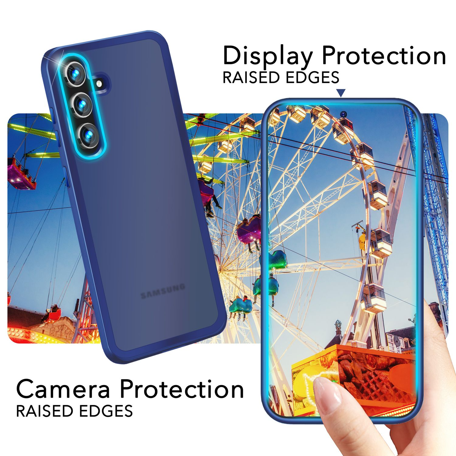 Eine Handyhülle mit Riesenrad und einer Hand. Die Hülle ist blau und schützt das Telefon.