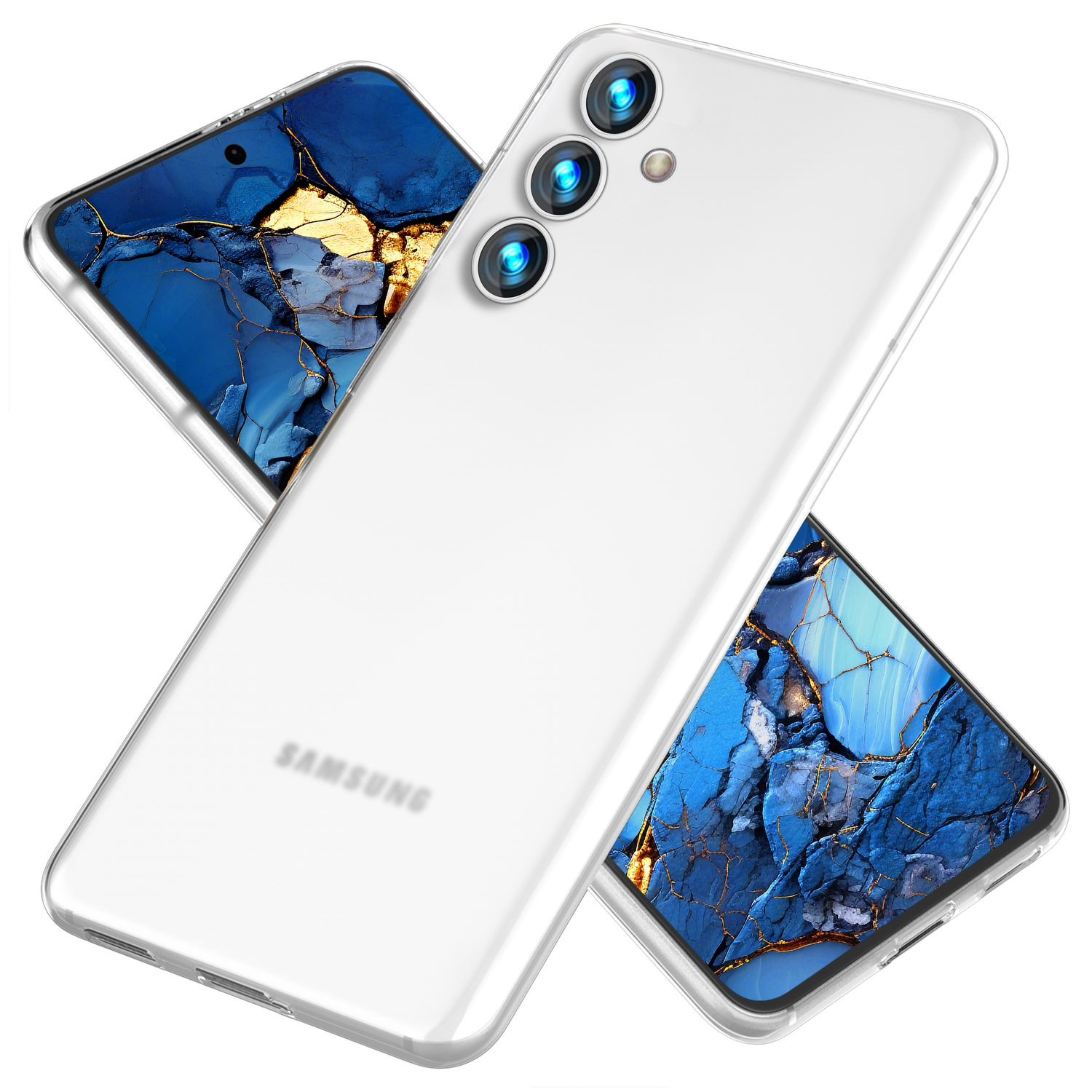 Weißes Telefon mit klarer Hülle, drei Kameras, mit einem anderen Telefon dahinter.