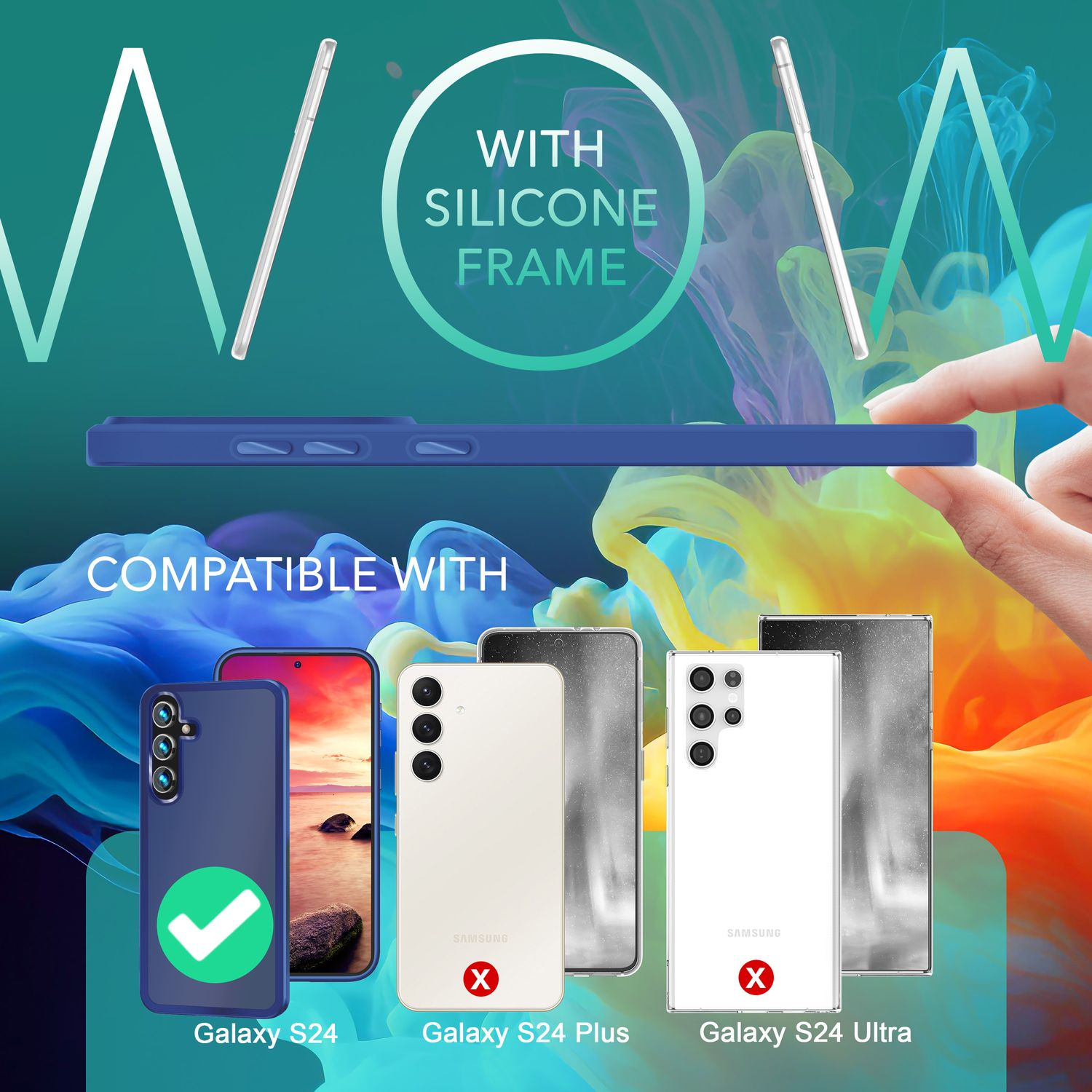 Eine blaue Handyhülle mit Silikonrahmen, kompatibel mit verschiedenen Samsung Galaxy Modellen.