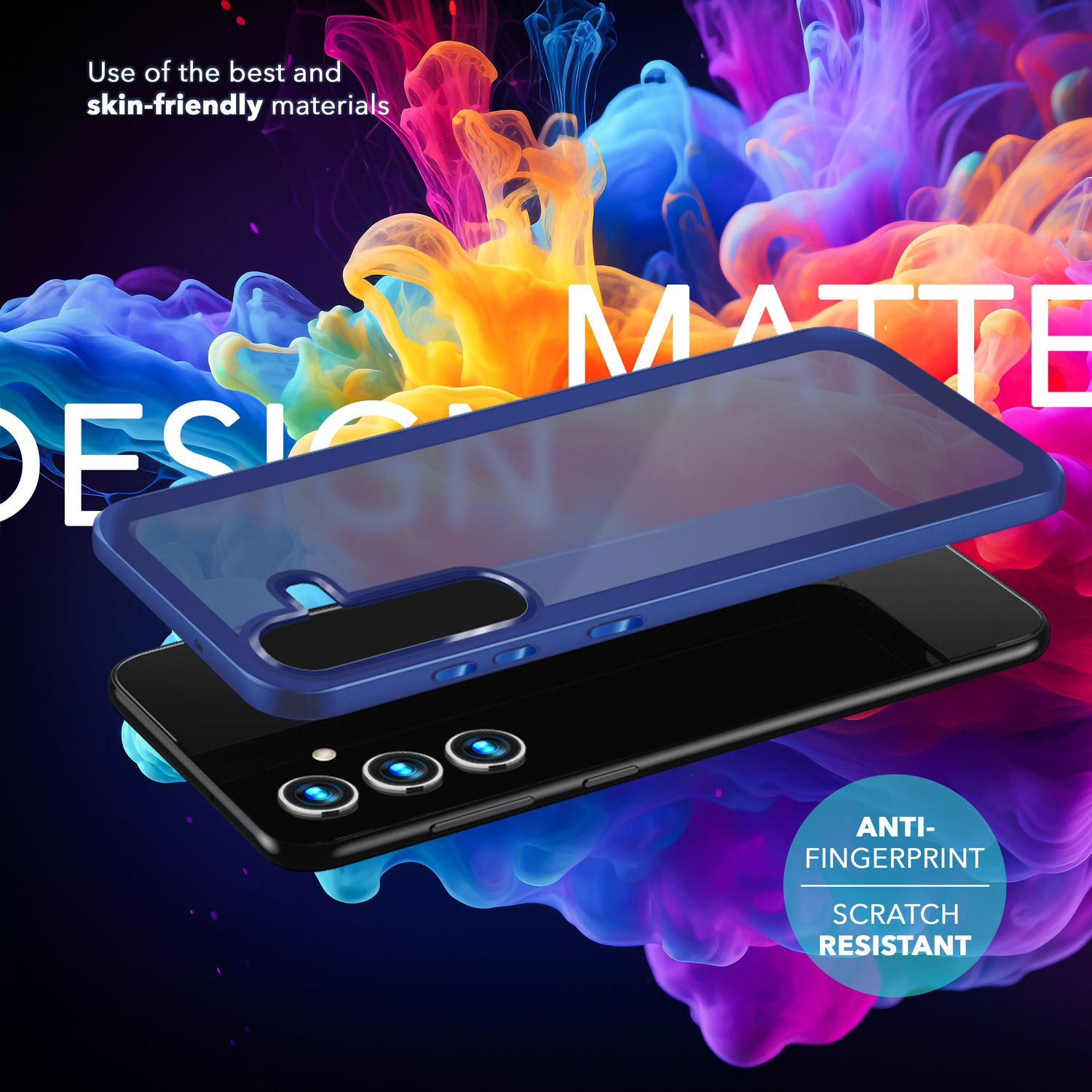Eine Telefonhülle über einem Telefon, mit farbenfrohem Hintergrund und Text über Materialien und Design.
