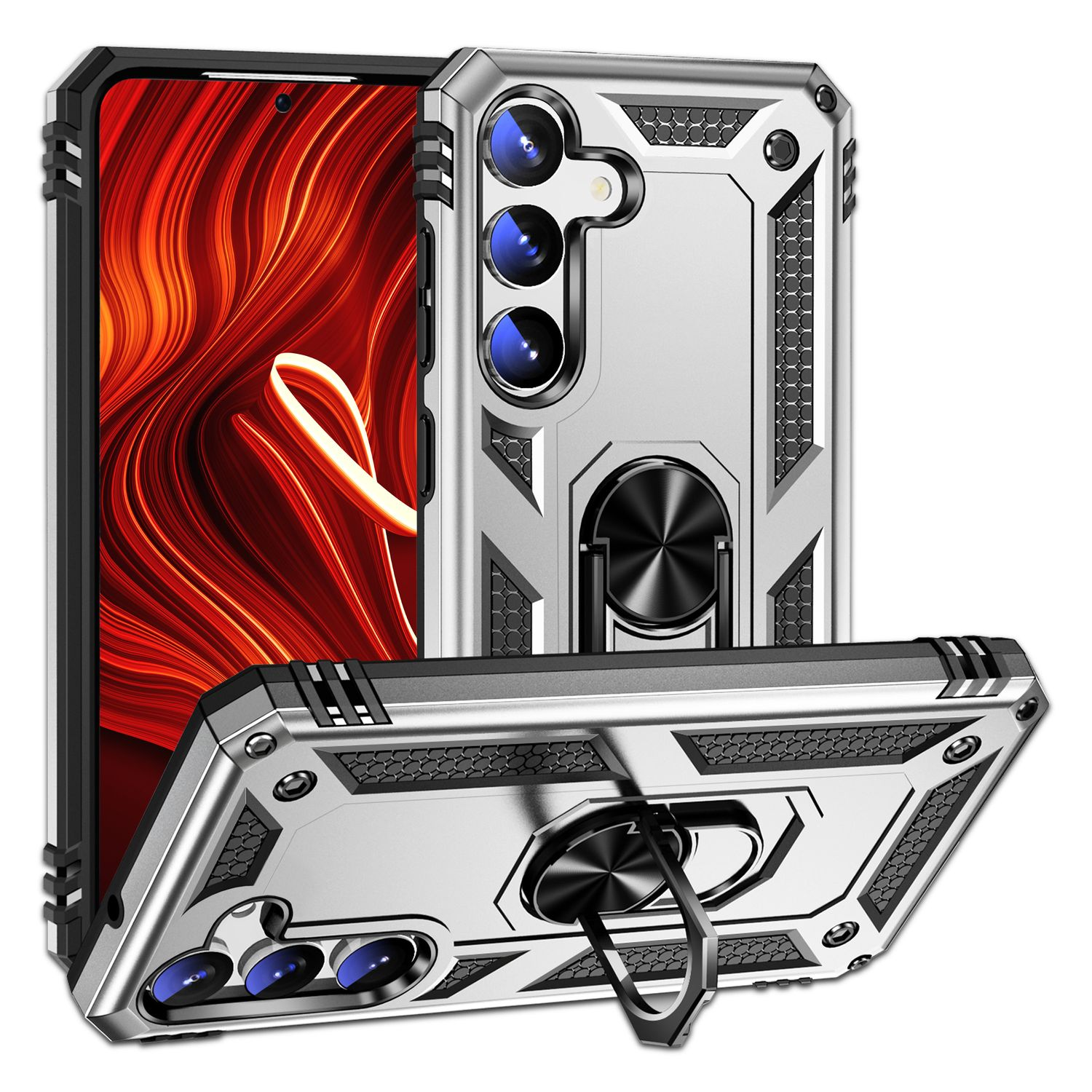 Funda de teléfono plateada con teléfono dentro. Tiene soporte de anillo y tres lentes.