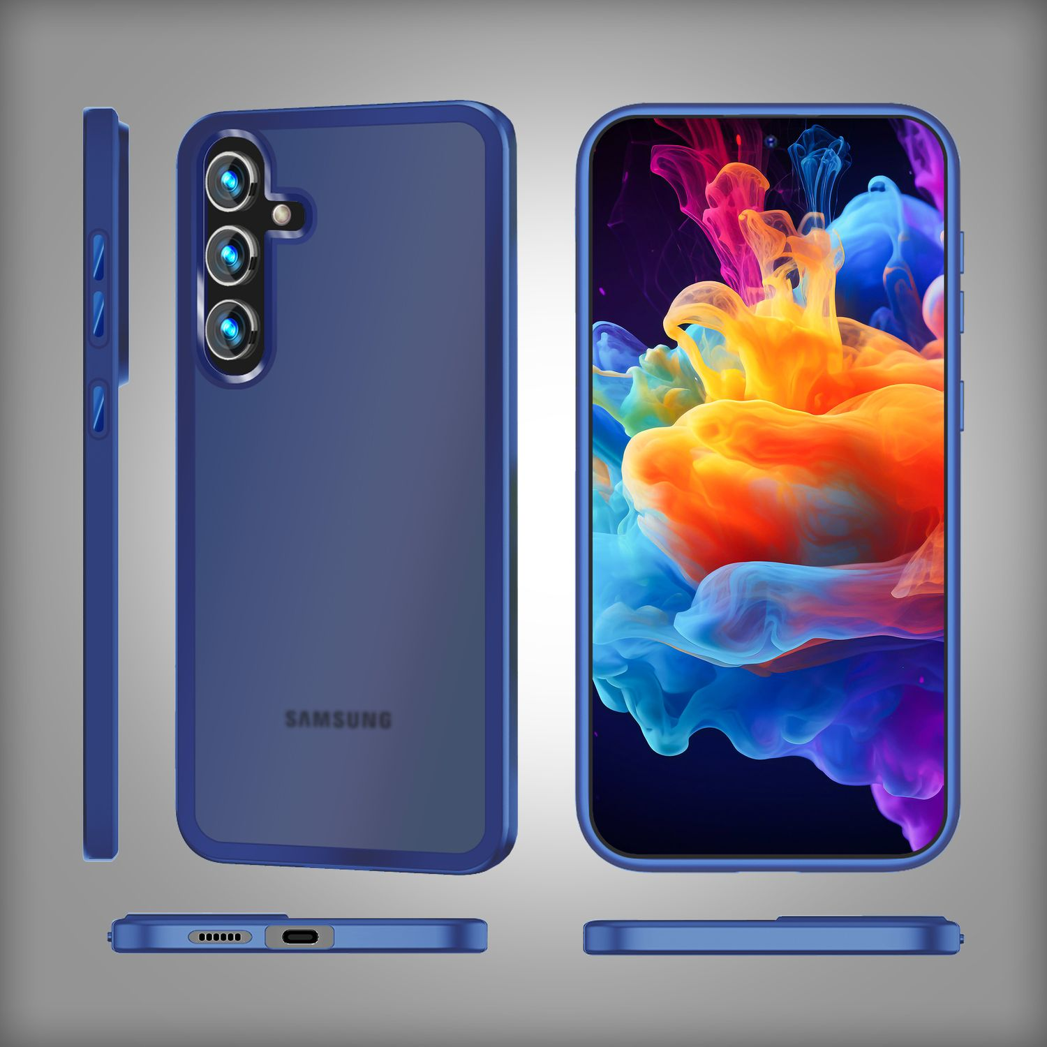 Blaue Handyhülle mit Telefon darin. Der Bildschirm zeigt einen bunten, abstrakten Hintergrund. Rückseite sichtbar.