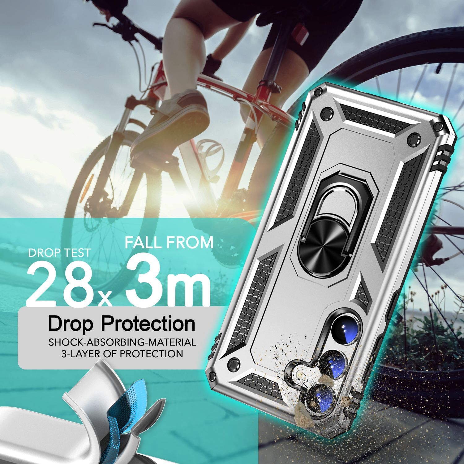 Funda plateada para teléfono con bicicleta e información de prueba de caída.