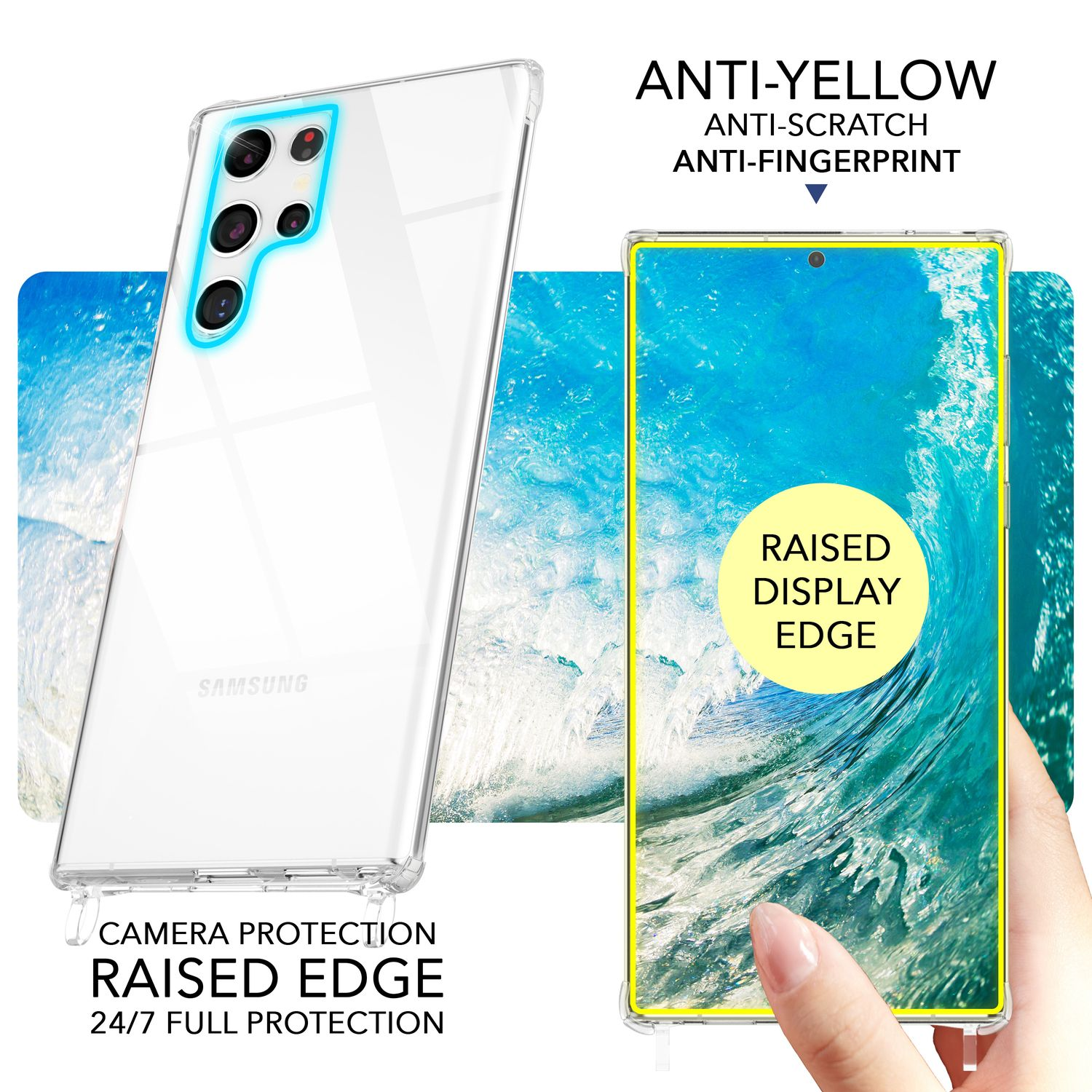 Eine transparente Handyhülle auf einem Telefon. Die Handyhülle befindet sich links, das Telefon rechts.