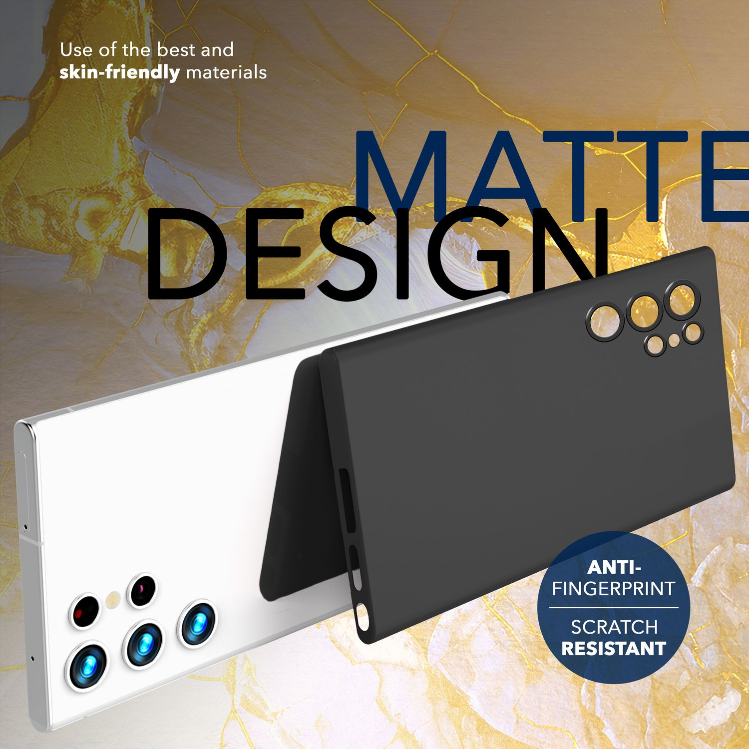 Zwei Handyhüllen, eine weiße und eine schwarze, mit den Worten „MATTE DESIGN“ und „Anti-Fingerprint“.