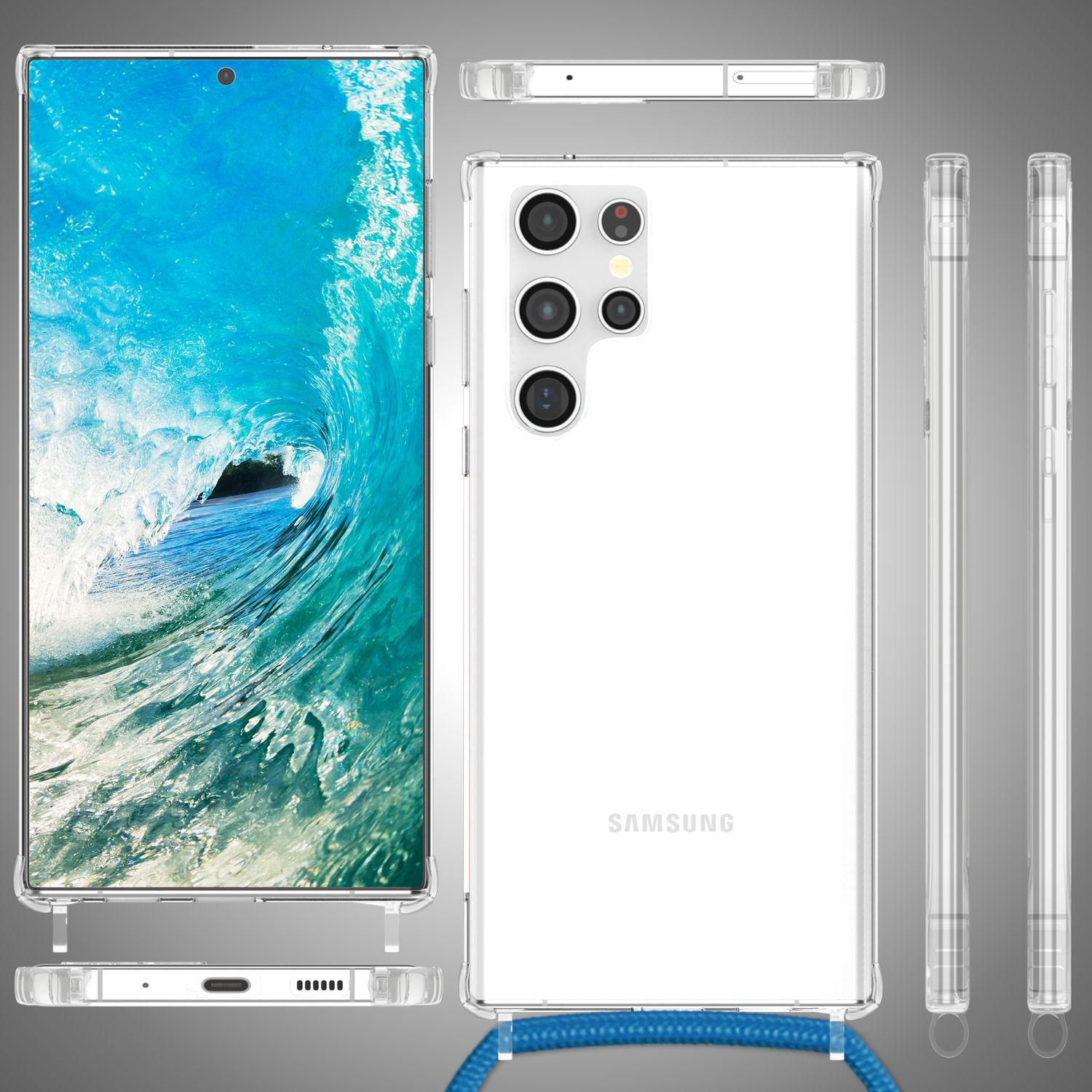 Transparente Handyhülle mit mehreren Ansichten. Telefon ist darin sichtbar. Zeigt Design und Schutz.
