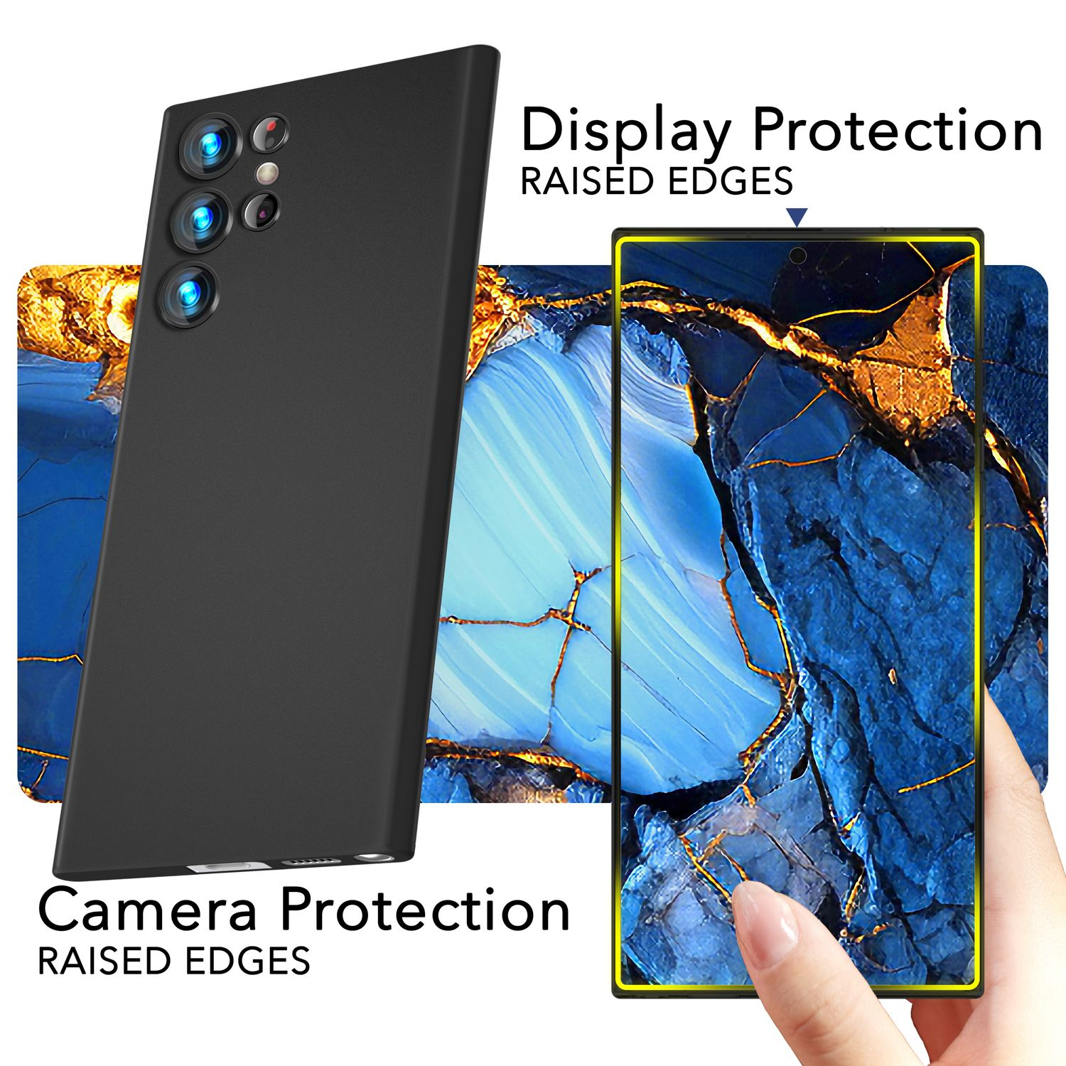 Schwarze Handyhülle mit erhöhten Kanten für Display- und Kameraschutz auf blauem Hintergrund.