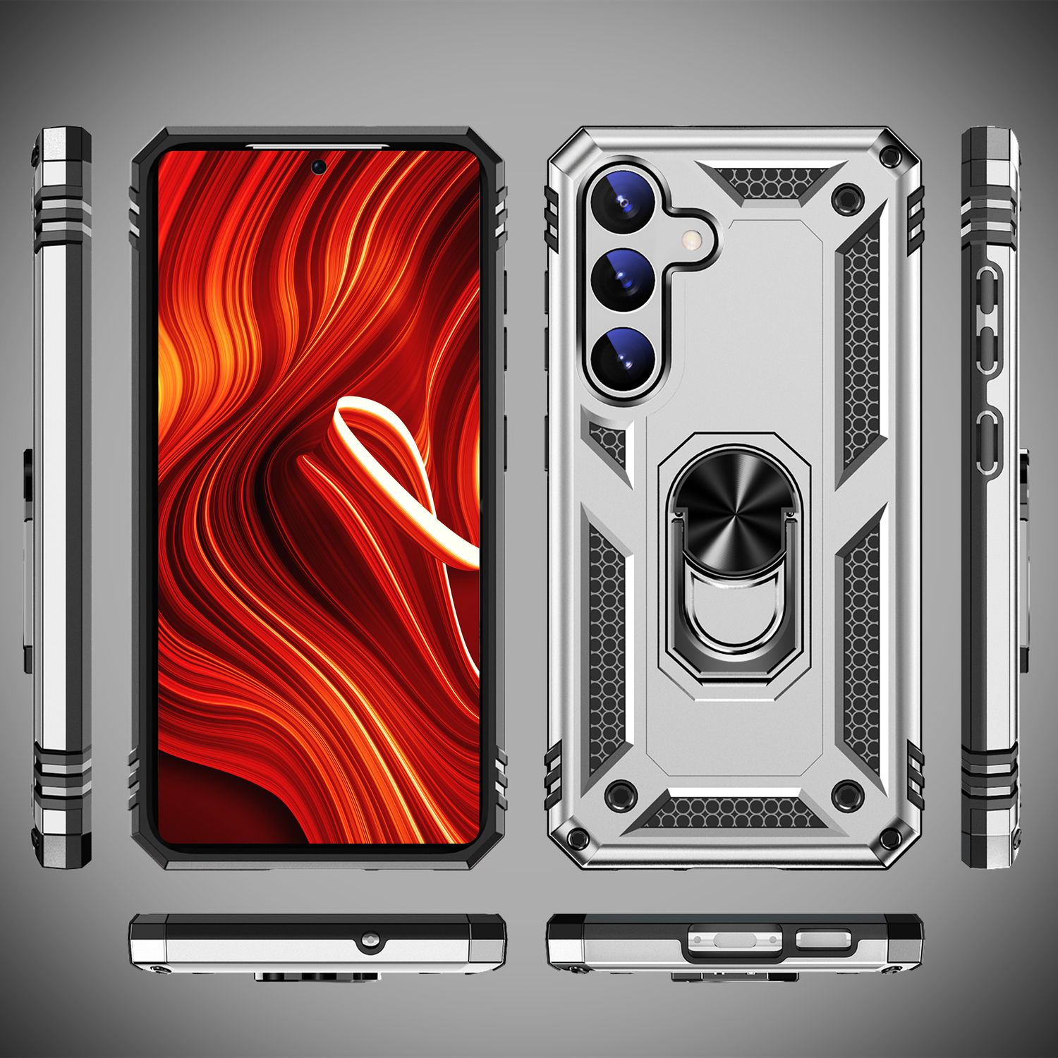 Funda de teléfono. Diseño plateado y negro, con un anillo negro en la parte trasera. El teléfono se muestra en la funda.
