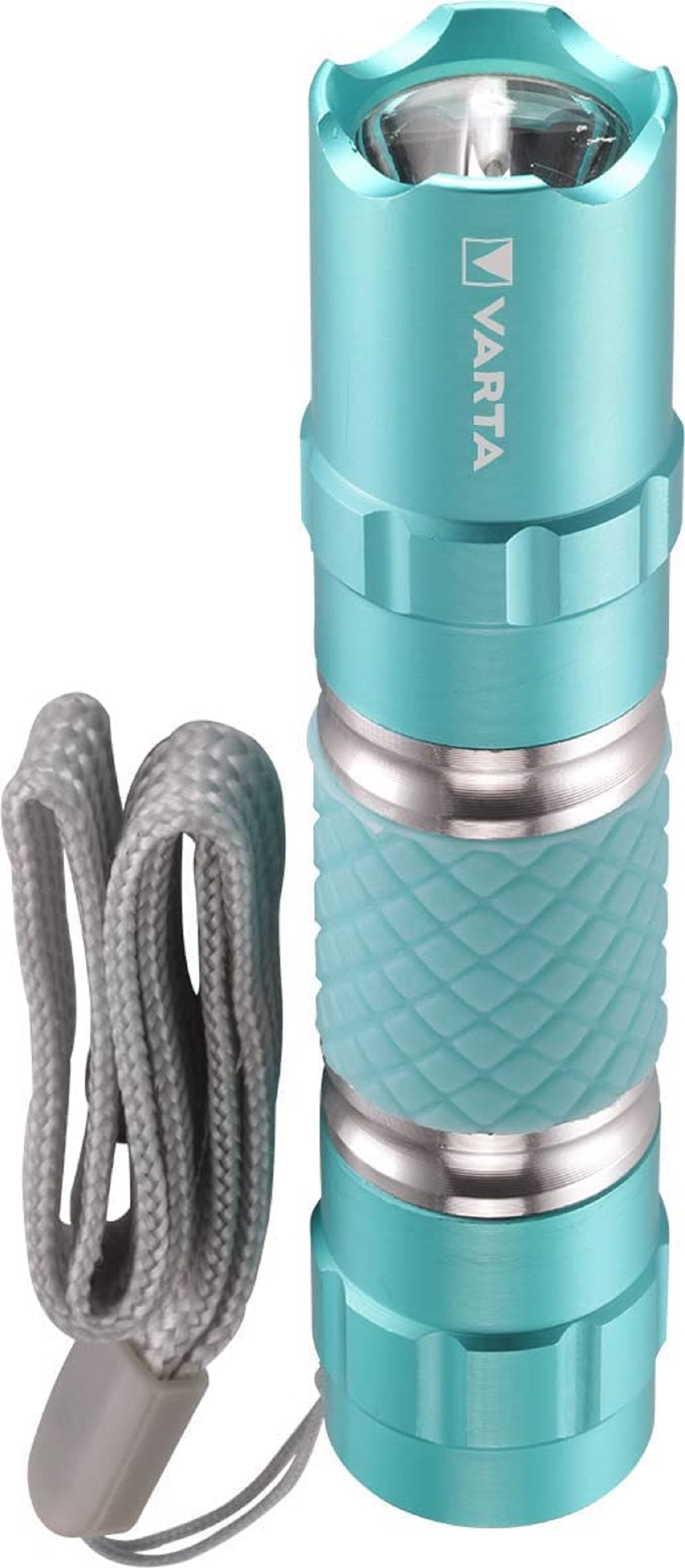 Torcia turchese con cinturino grigio. Ha un'impugnatura strutturata e il logo Varta.