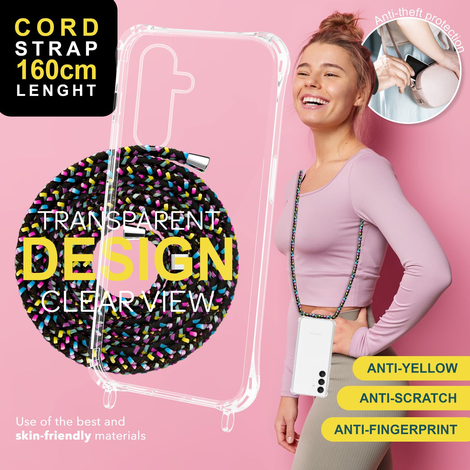 Frau mit Handyhülle und Kordel. Die Hülle ist transparent mit Design. Text hebt Diebstahlschutz hervor.