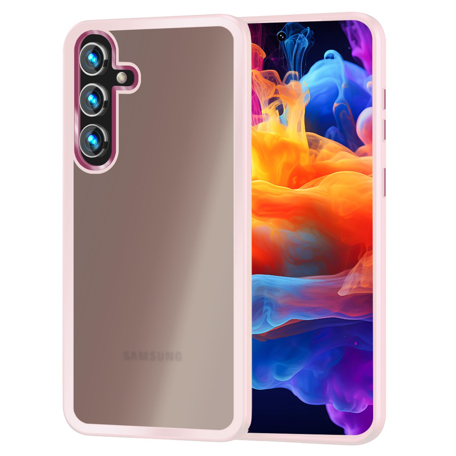 Eine rosa Handyhülle und ein Telefon mit buntem Hintergrund.