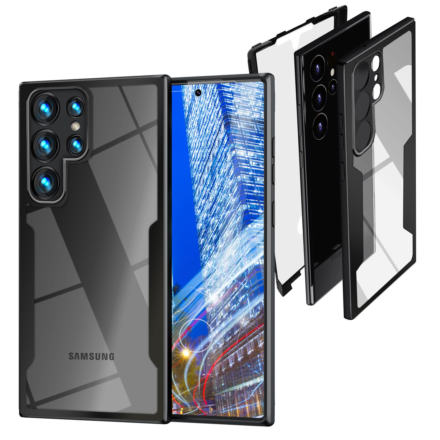 Handyhülle und Telefon mit Displayschutzfolien. Die Hülle und das Telefon sind schwarz, Displayschutzfolien sind klar.
