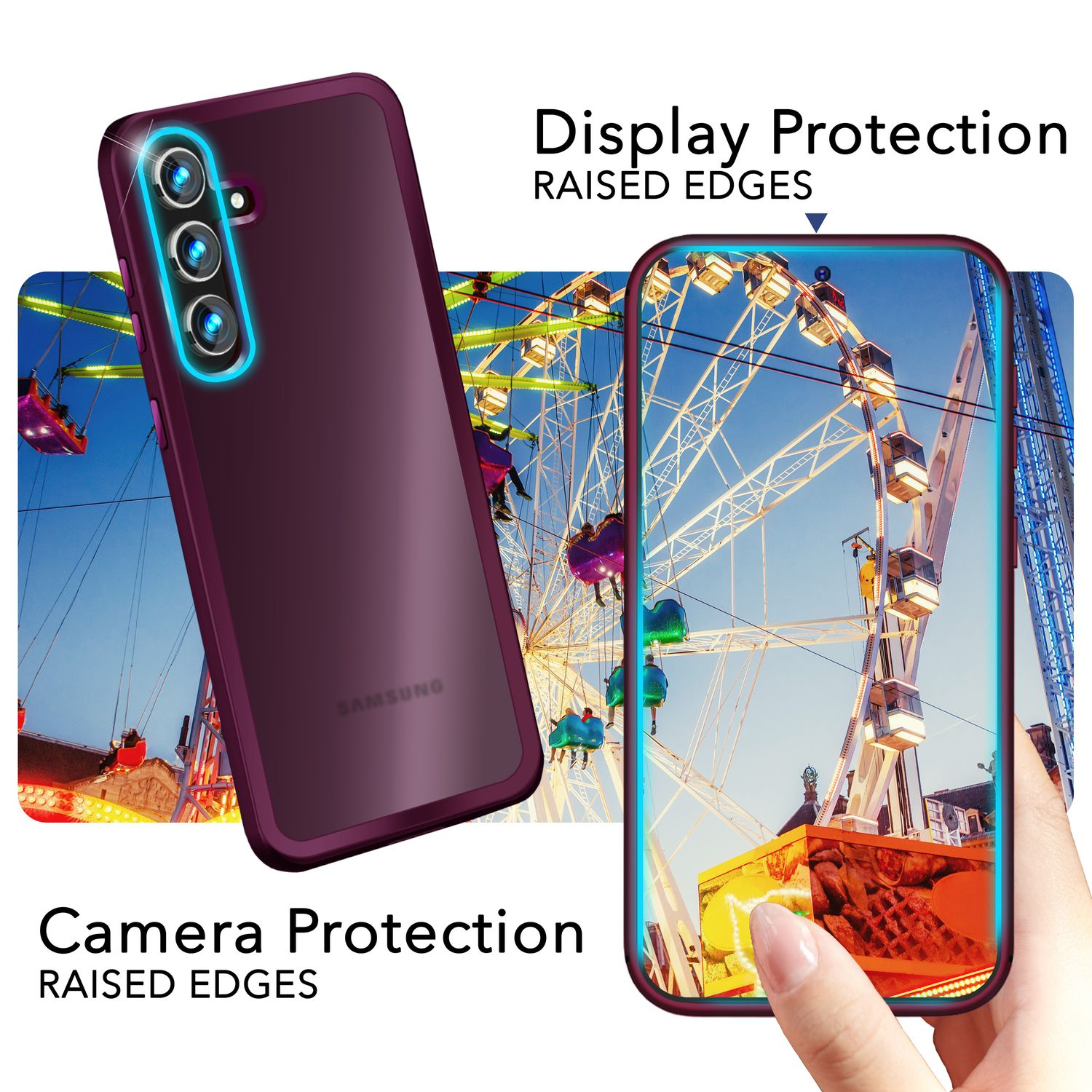 Ein Telefon mit Hülle, das ein Riesenrad zeigt, mit den Texten 'Camera Protection' und 'Display Protection'.