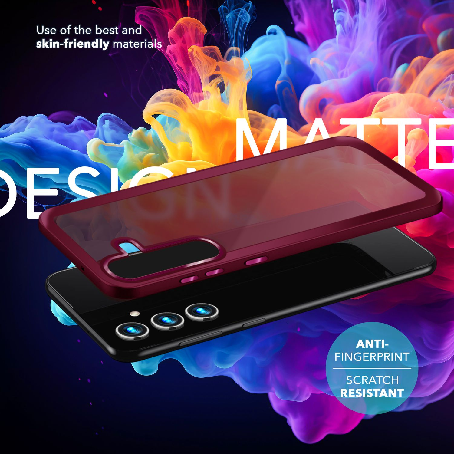 Handyhülle und Handy auf buntem Hintergrund. Die Hülle ist bordeauxrot, das Handy schwarz. Das Design ist matt.