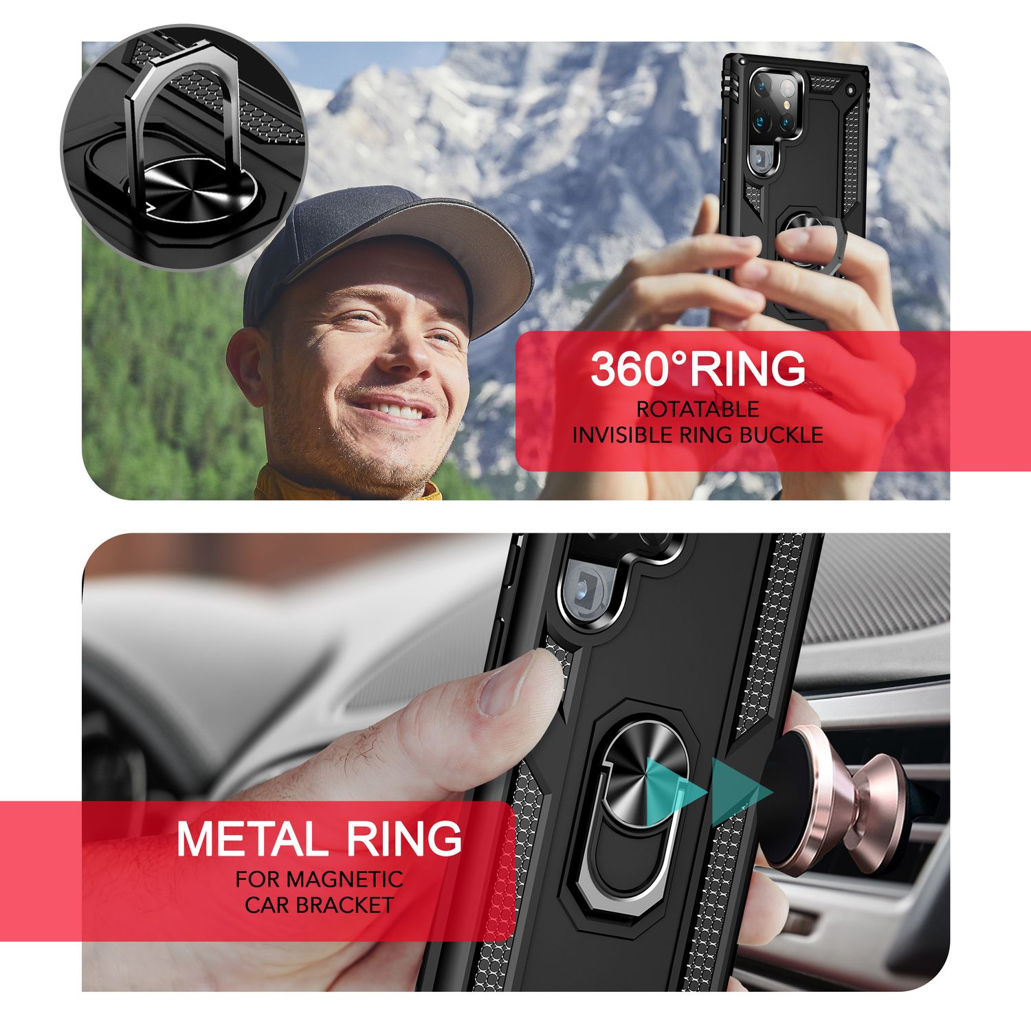 Eine Handyhülle mit einem 360-Grad-Ring und einem Metallring für die Autohalterung. Mann benutzt Telefon.