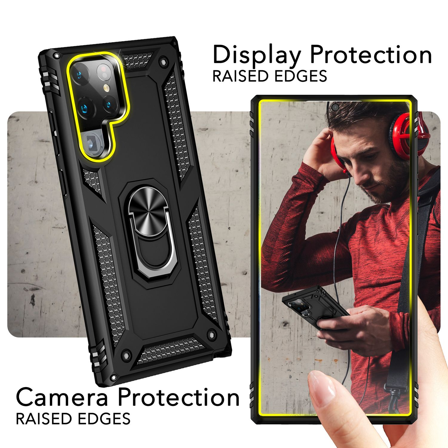 Handyhülle mit Metallring und Telefon, mit erhöhten Kanten für Display und Kamera.