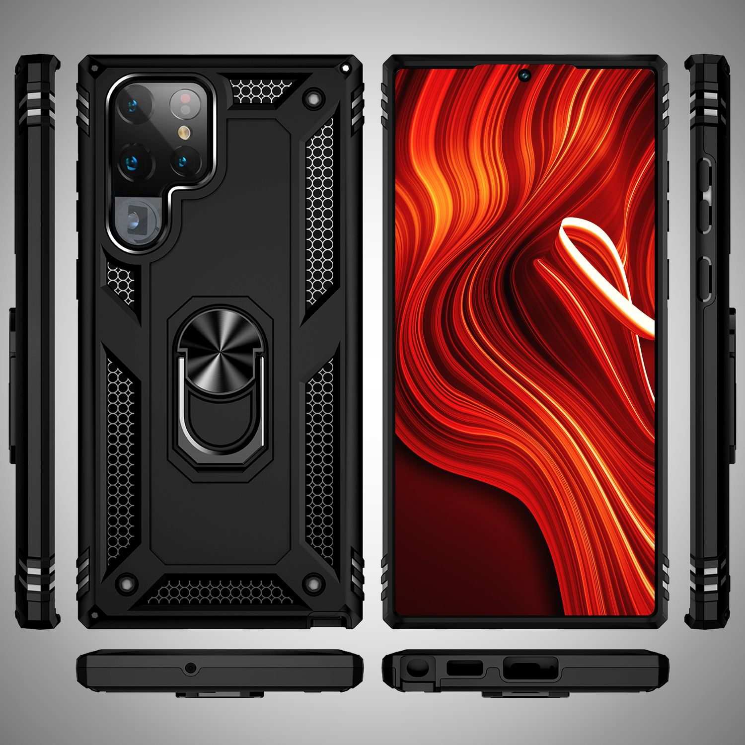 Ein schwarzes Telefon in einer Schutzhülle. Die Hülle hat einen Ringhalter und Kameraschutz. Das Telefon wird aus verschiedenen Winkeln betrachtet.