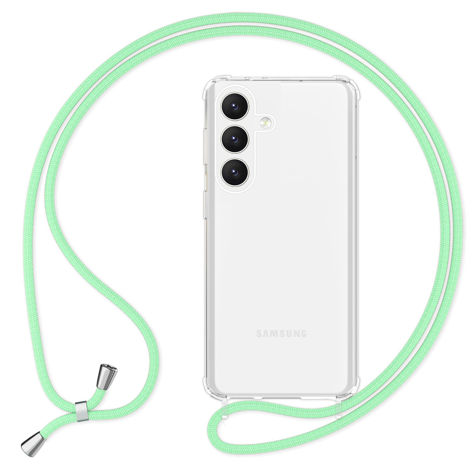 Transparente Handyhülle mit grünem Umhängeband. Telefon hat Kamera und Bildschirm.