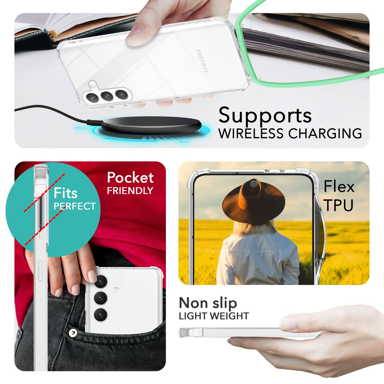 Transparente Handyhülle auf einem Telefon, in einer Tasche und in der Hand. Unterstützt kabelloses Laden.
