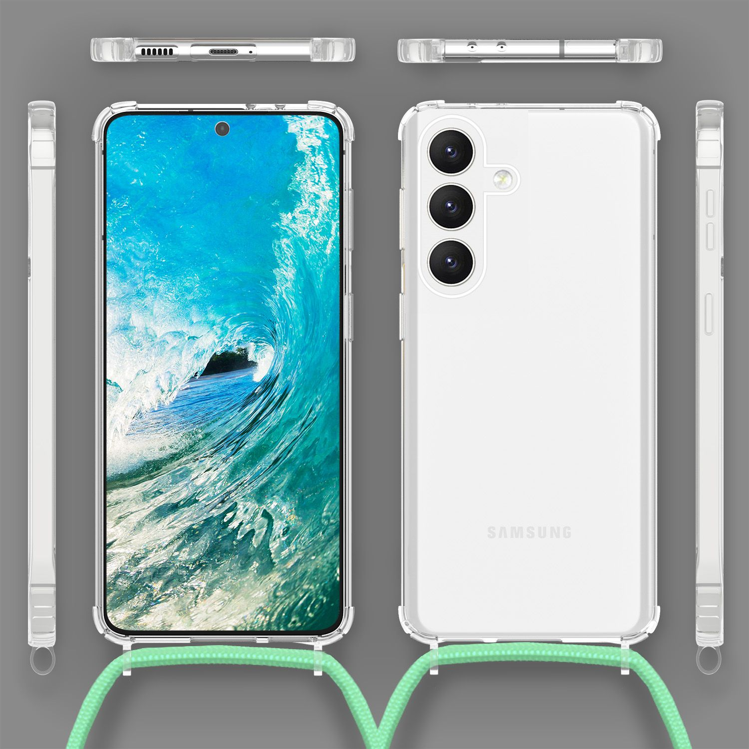 Eine weiße Handyhülle mit transparentem Bumper. Das Telefon ist in der Hülle.