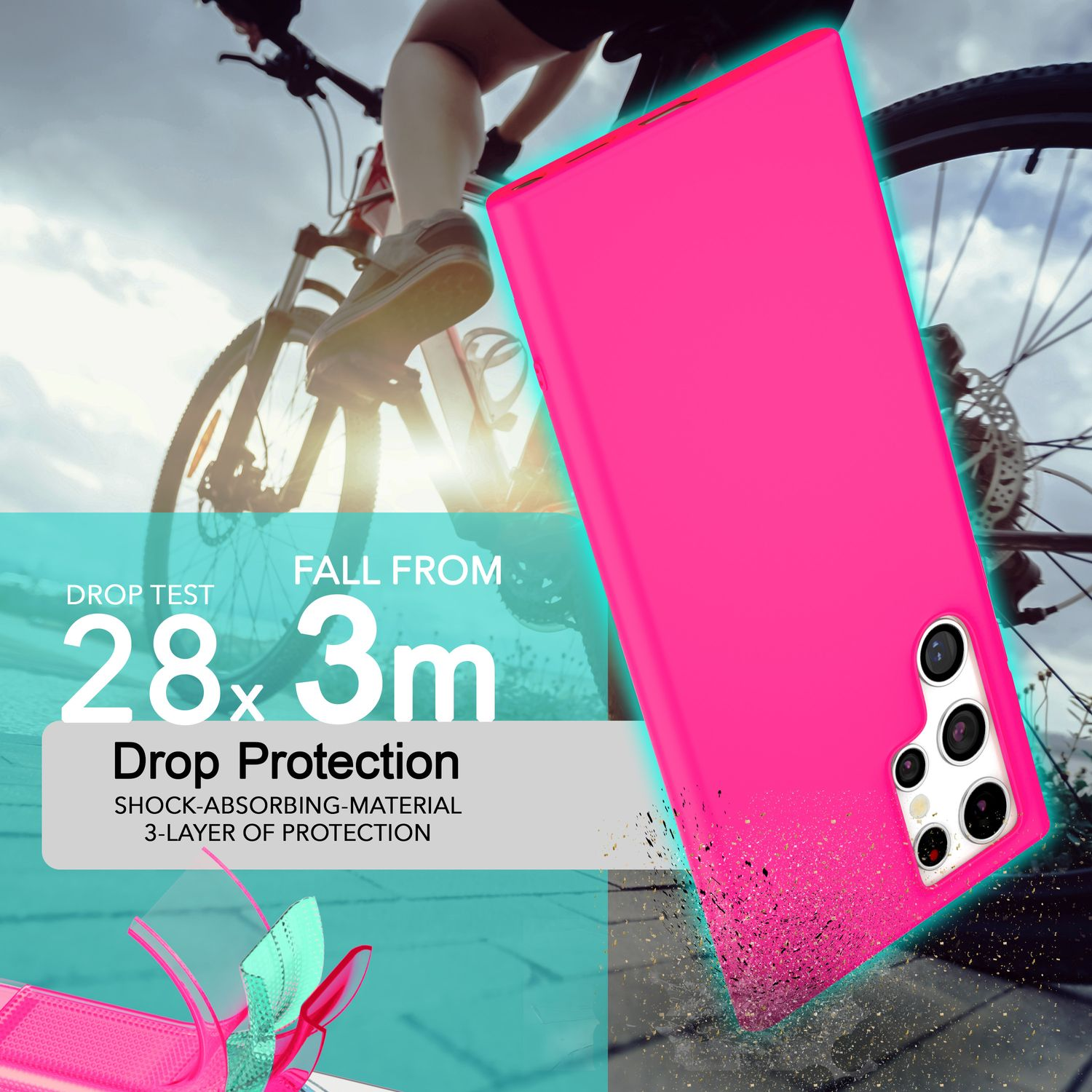 Une coque de téléphone rose testée pour la protection contre les chutes ; texte.