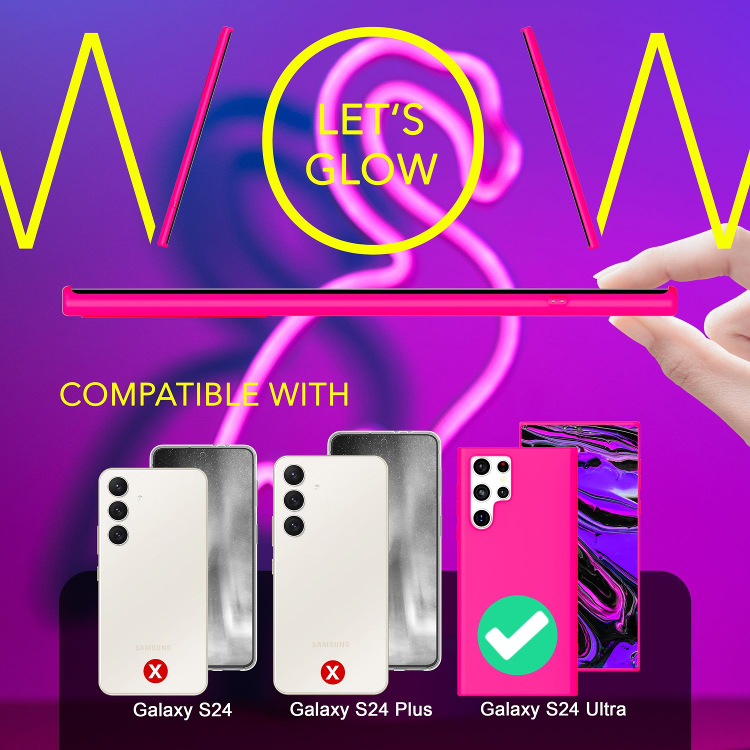 Une coque de téléphone rose avec des téléphones en dessous. Le texte dit 'Let's Glow' et 'Compatible with' la série S24.