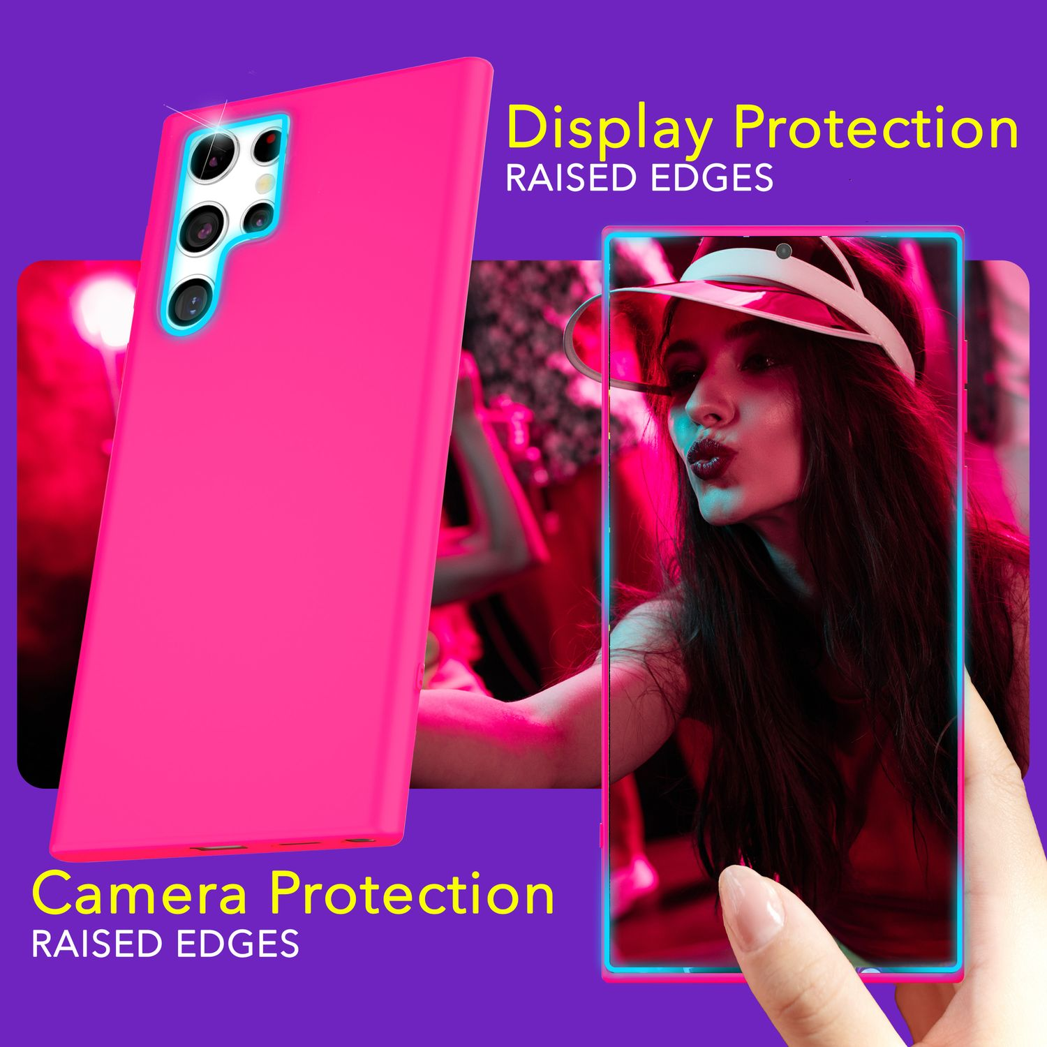 Une coque de téléphone rose et une femme regardant la caméra. Texte : Protection de l'appareil photo, Protection de l'écran.