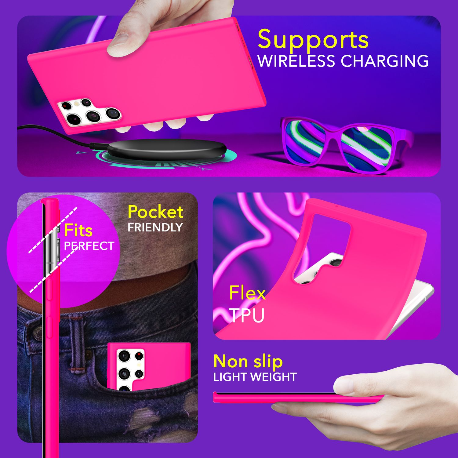 Une coque de téléphone rose vif avec un téléphone. Elle prend en charge le chargement sans fil et est adaptée aux poches. Conception antidérapante.