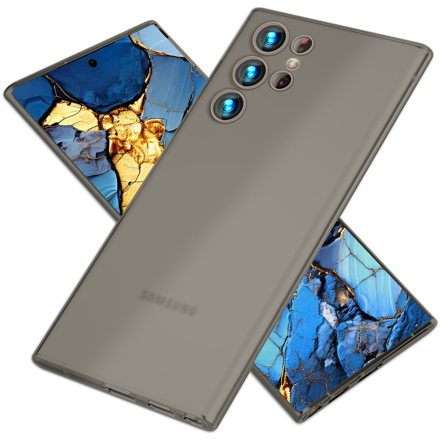 Ein graues Telefon mit drei anderen Telefonen. Blaue und goldene Muster.