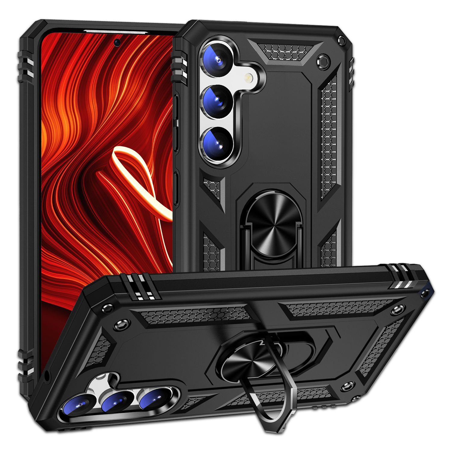 Funda de teléfono negra con soporte de anillo. El teléfono tiene un fondo rojo y negro.