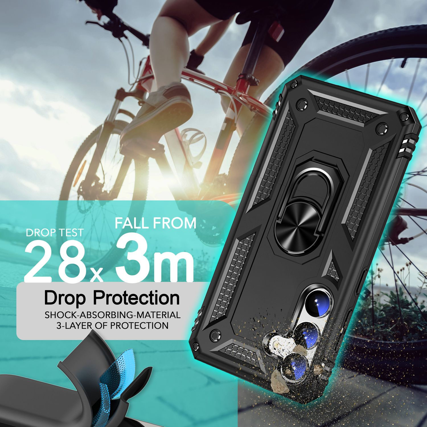 Funda negra para teléfono con soporte de anillo. La imagen muestra texto sobre protección contra caídas y una bicicleta.
