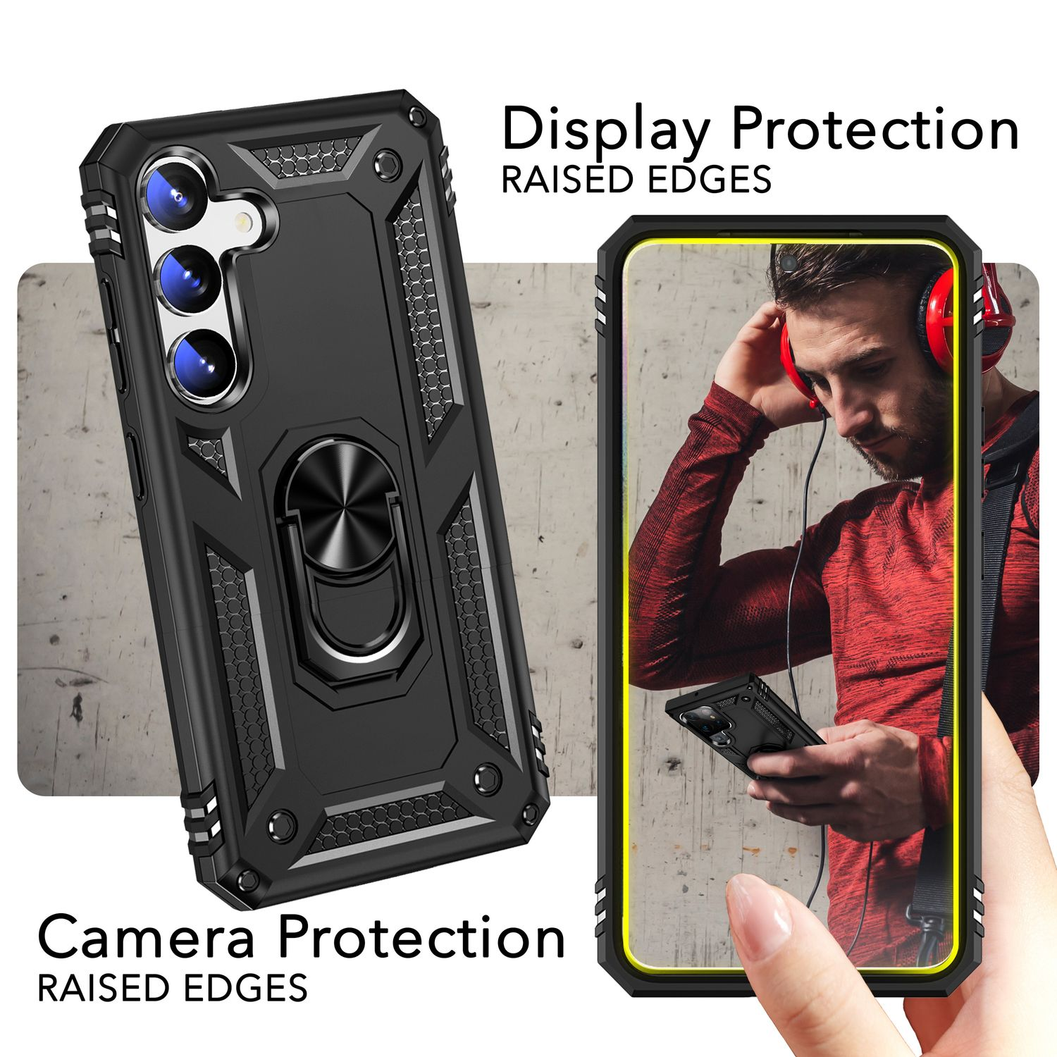 Funda negra para teléfono con soporte de anillo, mostrada con un teléfono y un hombre sosteniendo el teléfono.