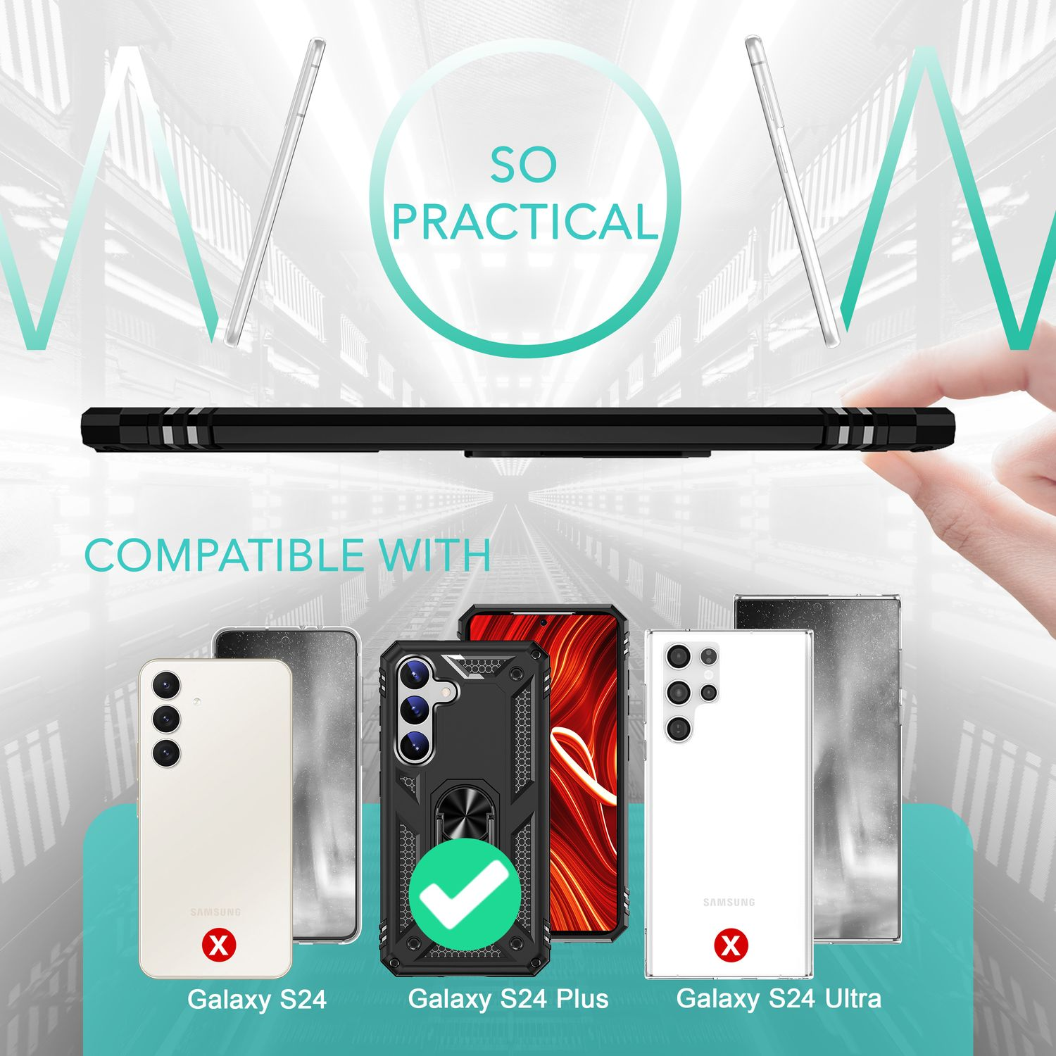 Handyhüllen mit einer Hand, die eine hält. Kompatible Telefone werden gezeigt. Der Hintergrund ist weiß.