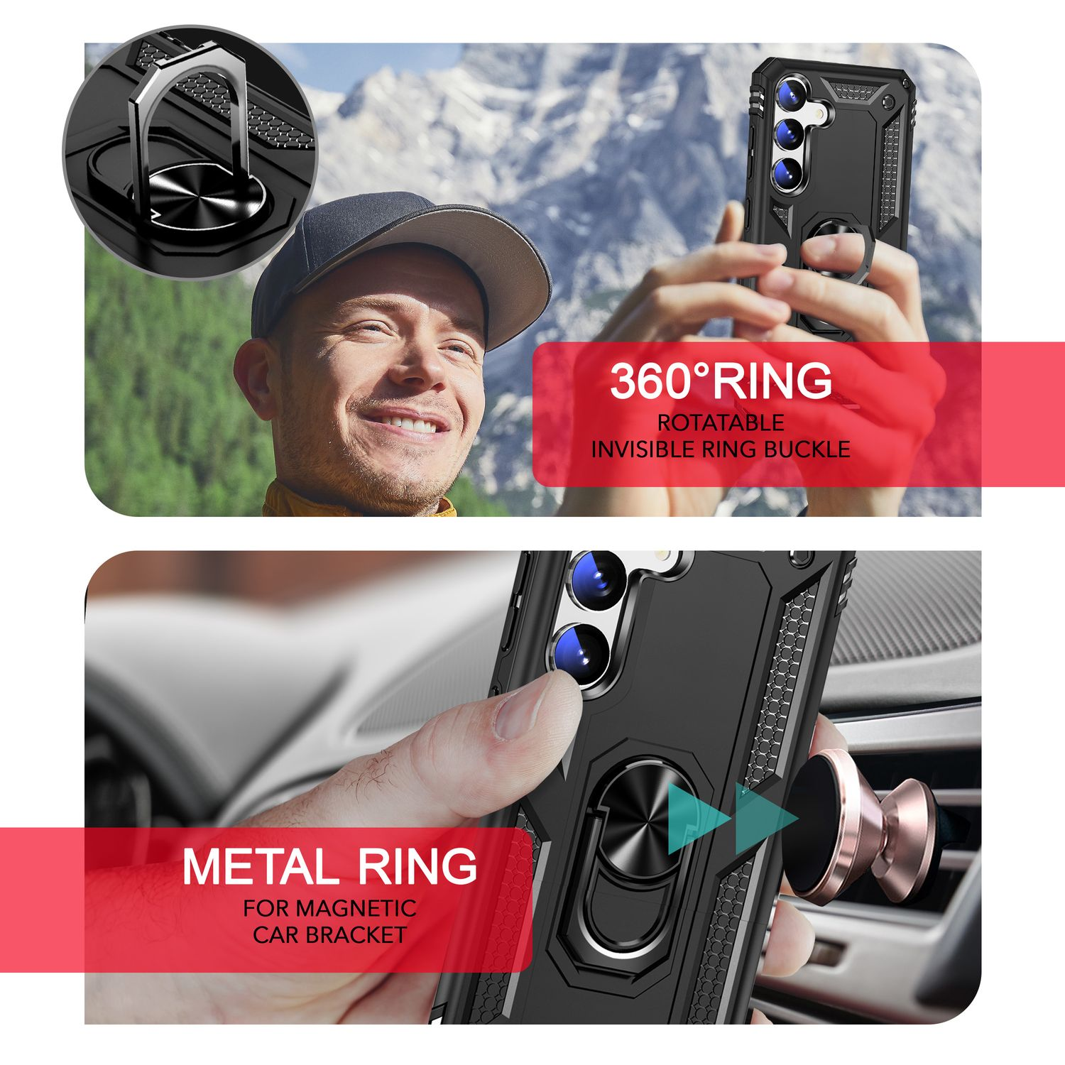 Imágenes de una funda de teléfono con anillo. Muestra a un hombre sosteniendo el teléfono y montado en un soporte de coche con un anillo de metal.
