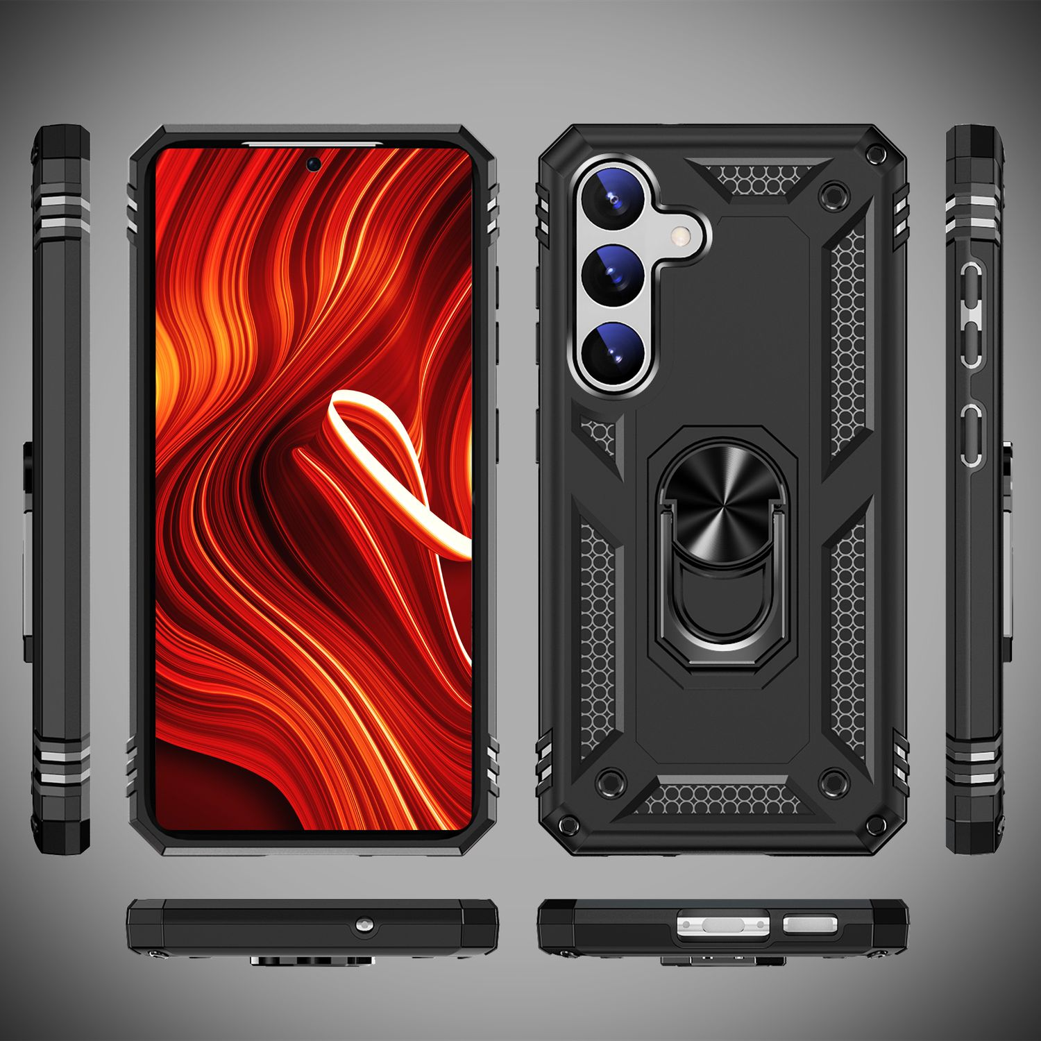 Funda negra para teléfono, mostrando diferentes ángulos, con un soporte de anillo y parte trasera texturizada.
