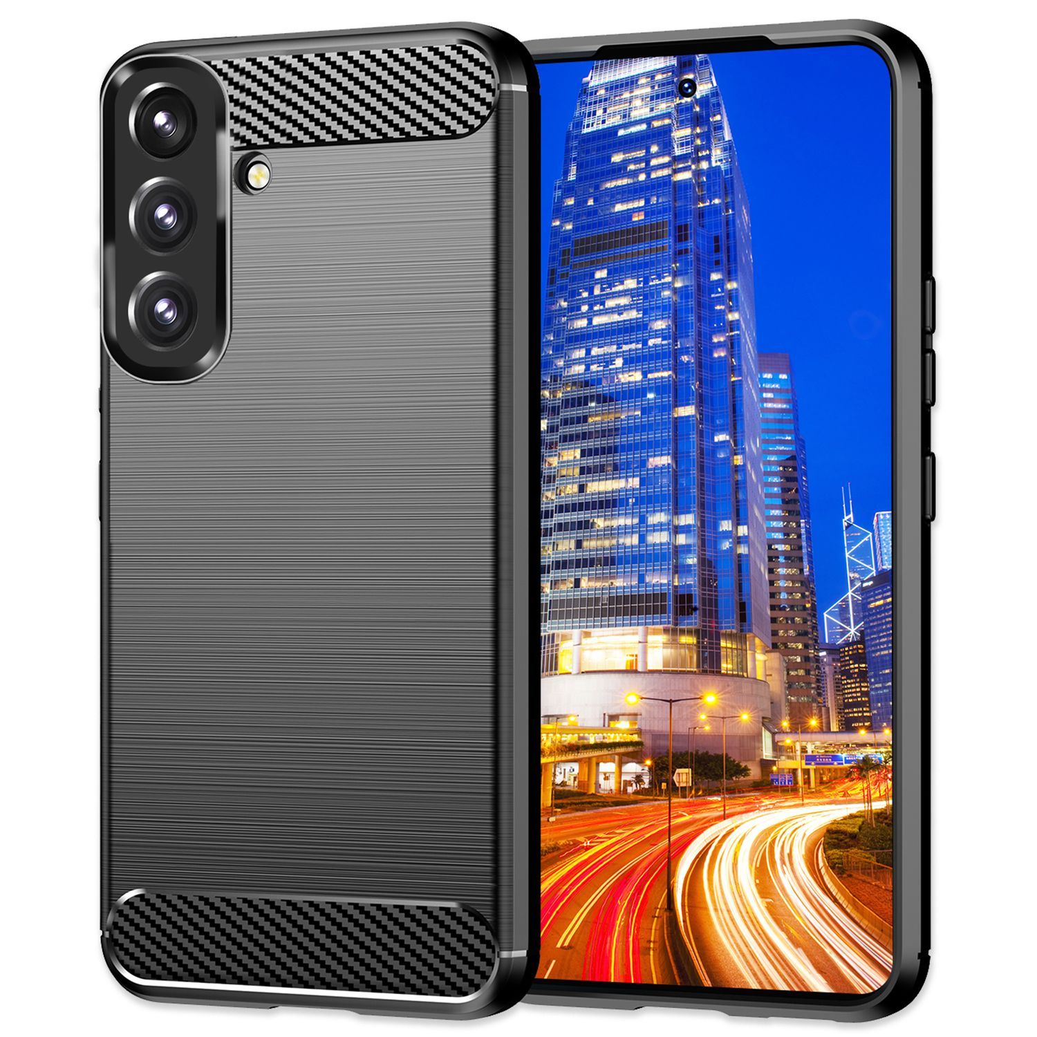 Smartphone in einer Hülle, die eine nächtliche Skyline zeigt. Die Handyhülle hat Kohlefaser-Akzente.