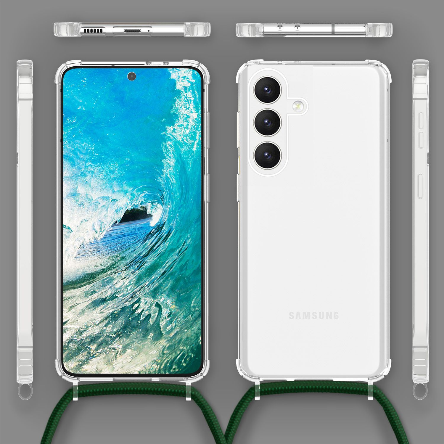 Telefon in klarer Hülle, abgewinkelt. Die Hülle hat einen grünen Riemen. Vier Ansichten.